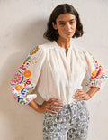 Becky Full Sleeve Linen Blouse-Ivory, Opulent Garden