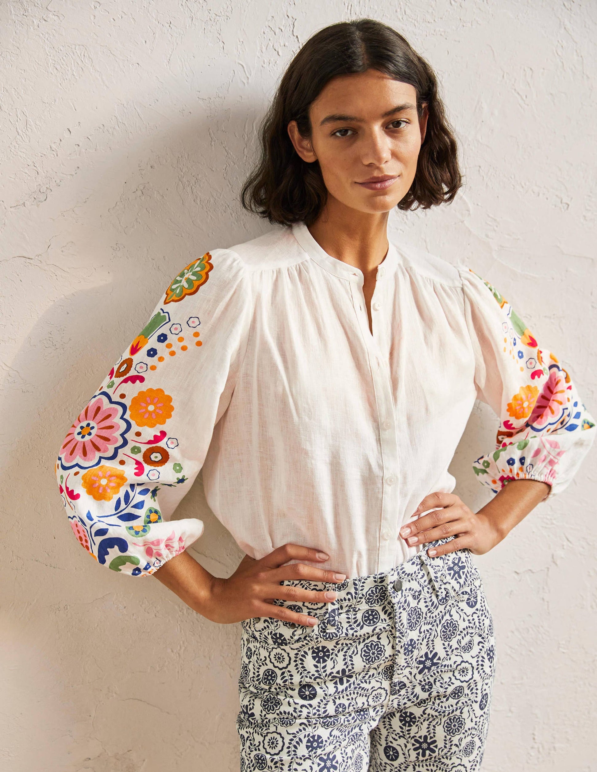 Becky Full Sleeve Linen Blouse-Ivory, Opulent Garden-1