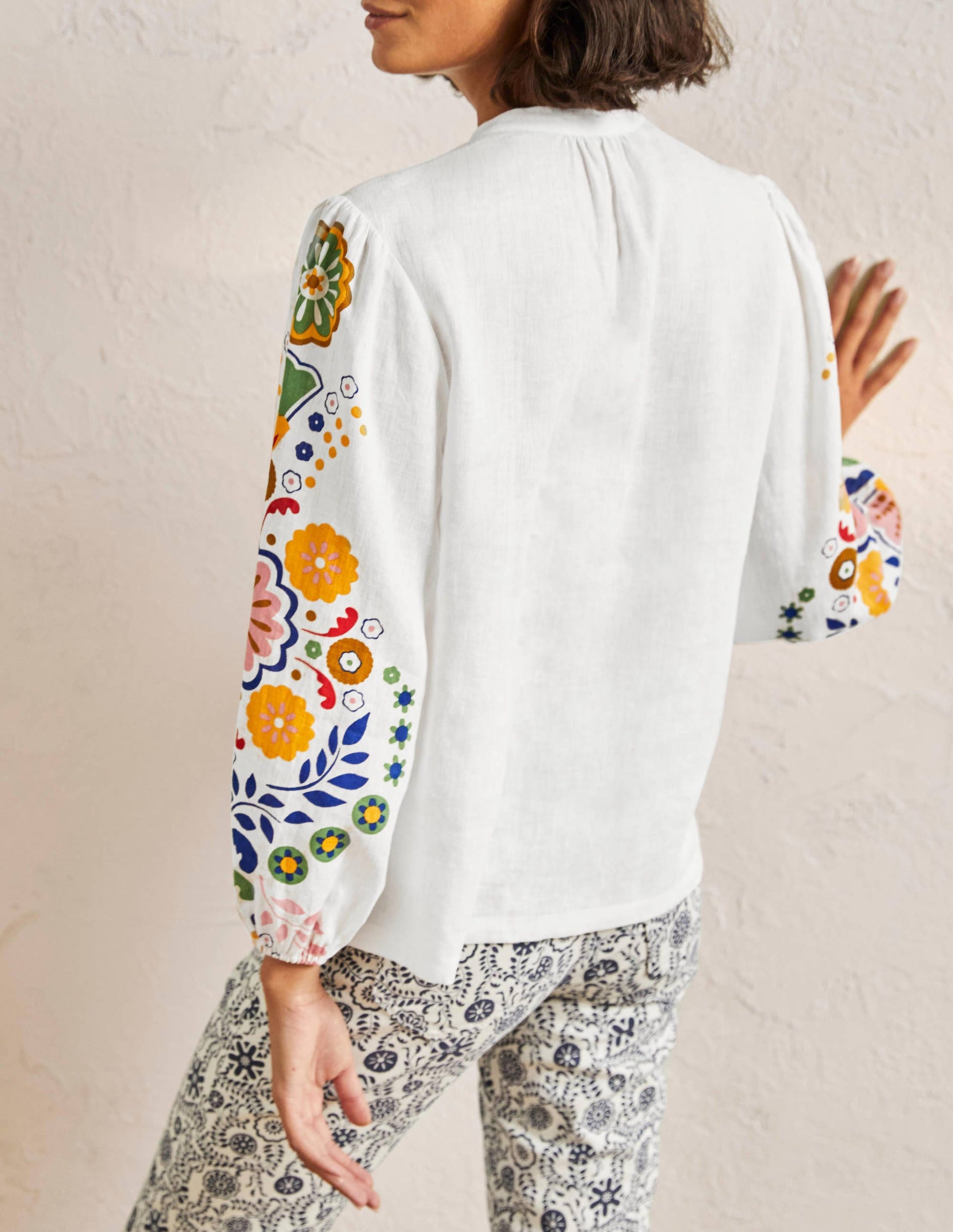 Becky Full Sleeve Linen Blouse-Ivory, Opulent Garden-3