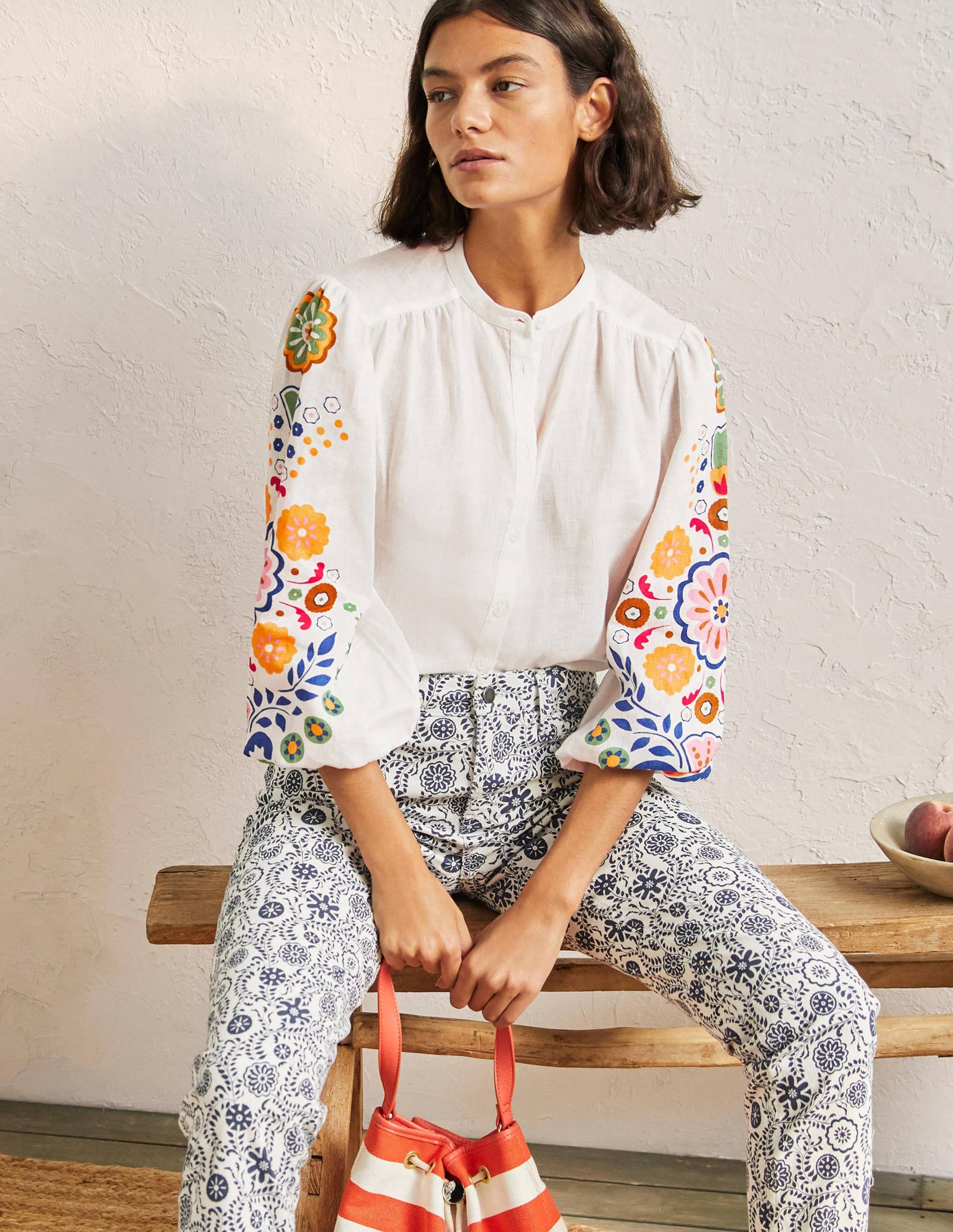 Becky Full Sleeve Linen Blouse-Ivory, Opulent Garden-4