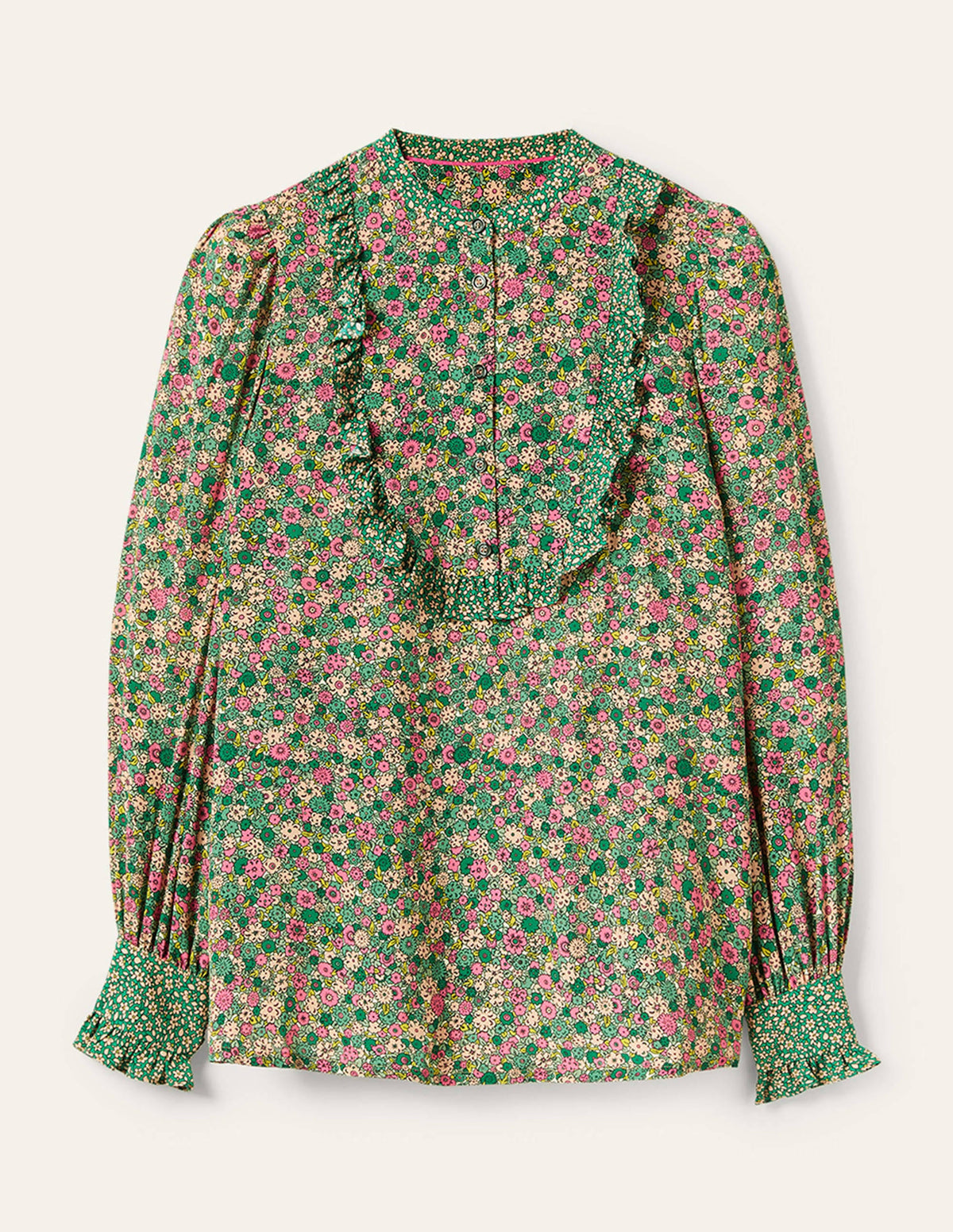 Frilly Printed Popover Blouse-Highland Green, Floret Cluster - Image 6