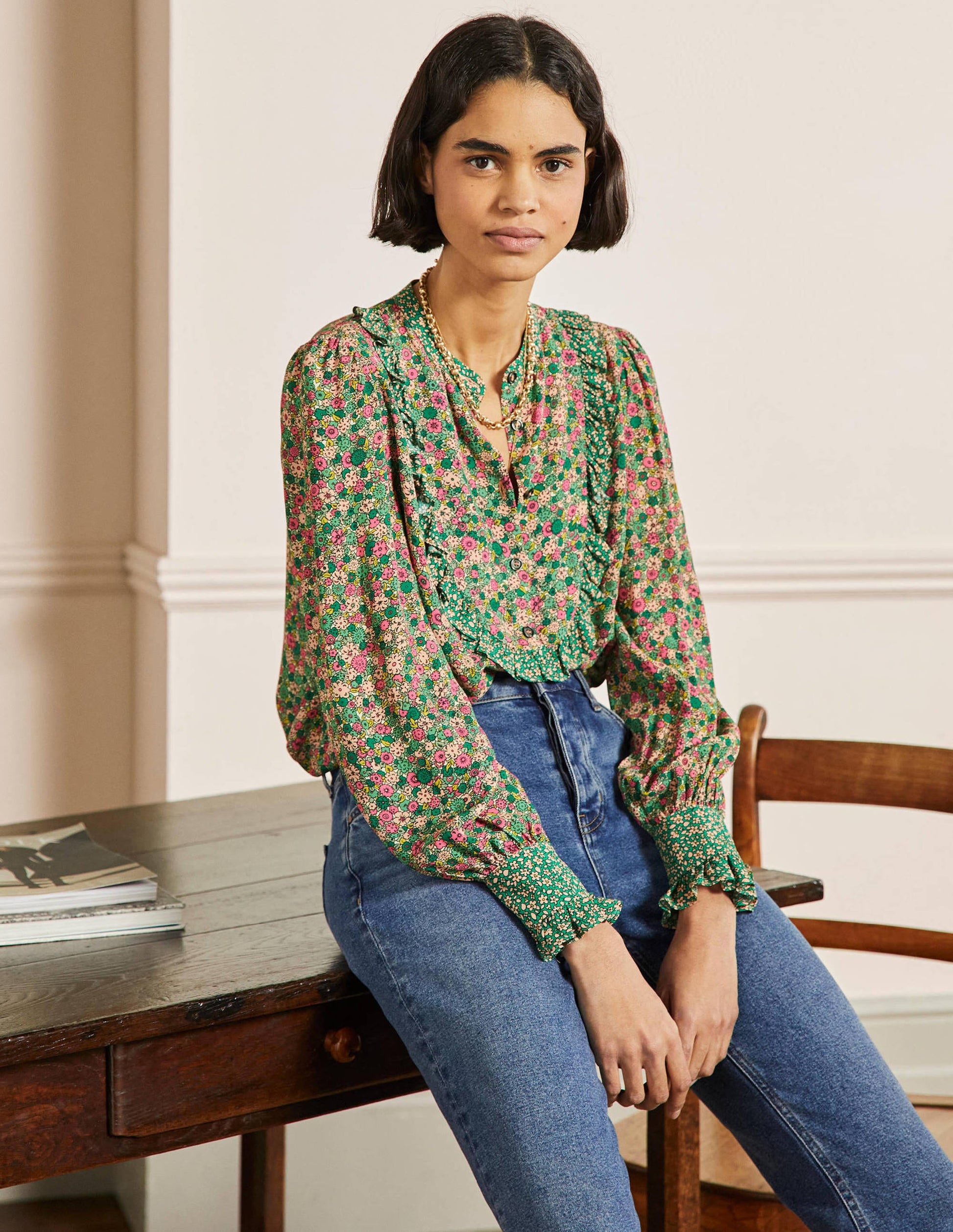 Frilly Printed Popover Blouse-Highland Green, Floret Cluster-1