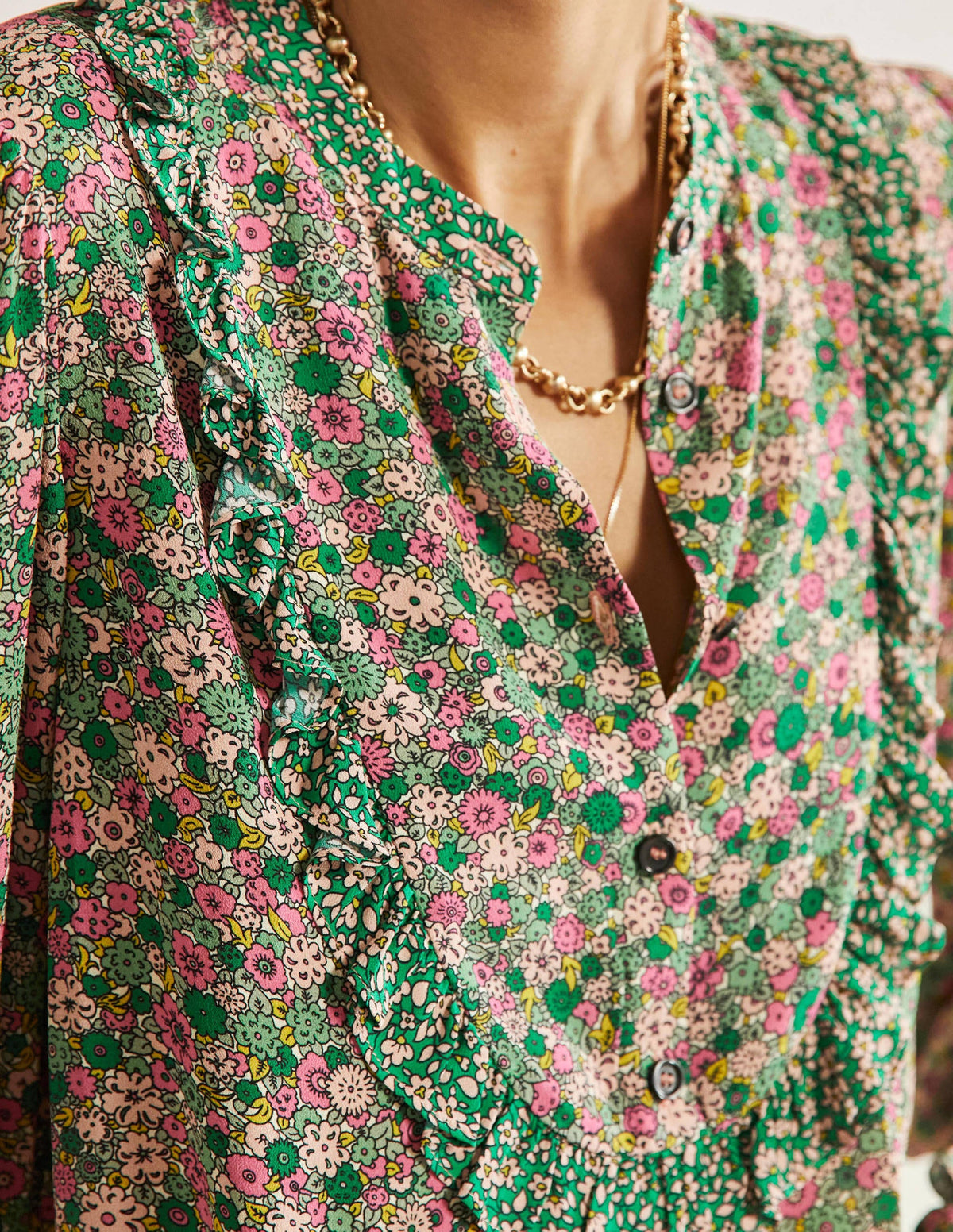 Frilly Printed Popover Blouse-Highland Green, Floret Cluster-2