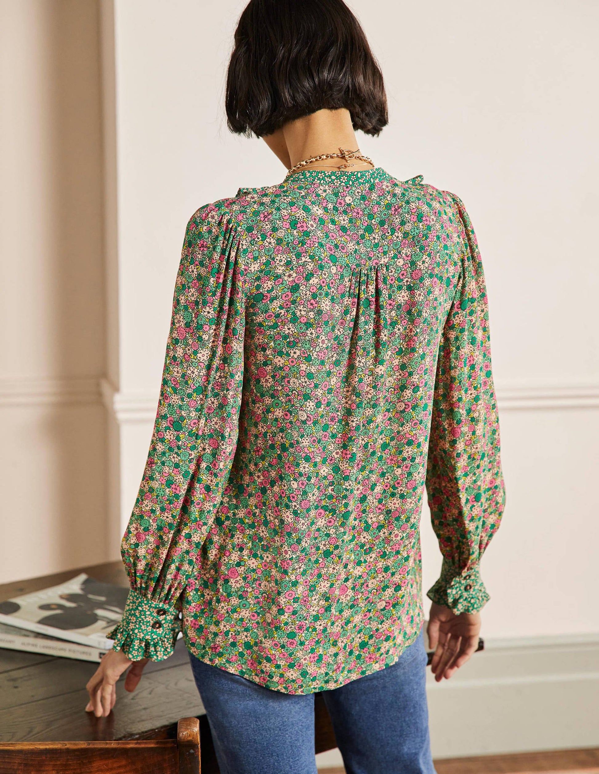 Frilly Printed Popover Blouse-Highland Green, Floret Cluster-3