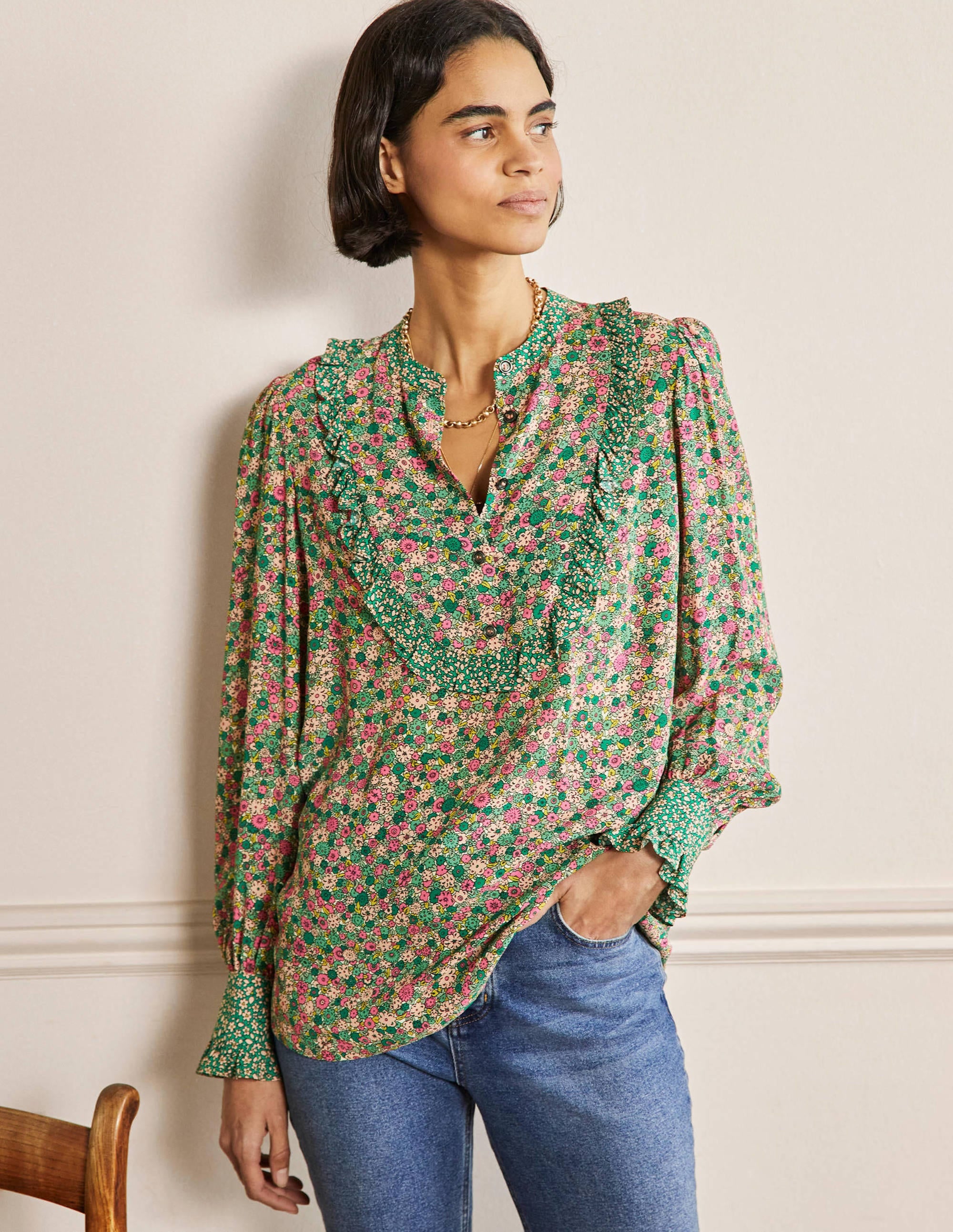 Frilly Printed Popover Blouse-Highland Green, Floret Cluster - Image 4