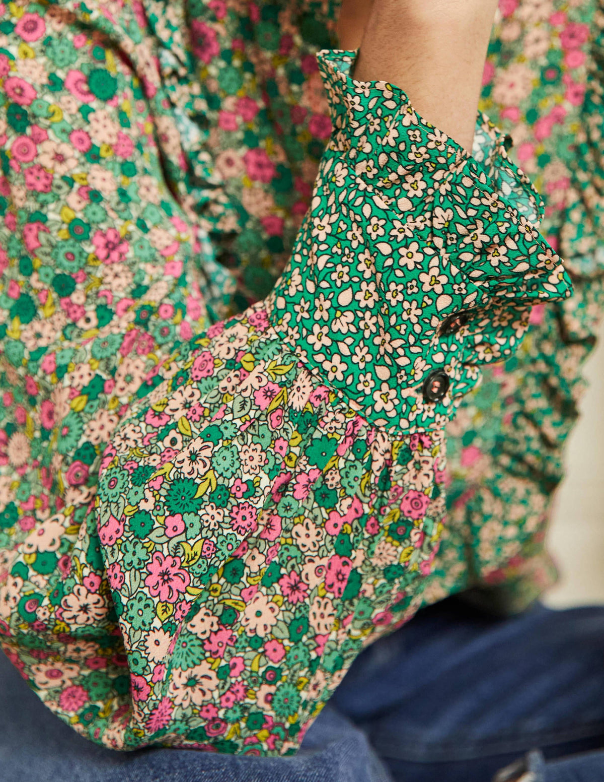 Frilly Printed Popover Blouse-Highland Green, Floret Cluster-5