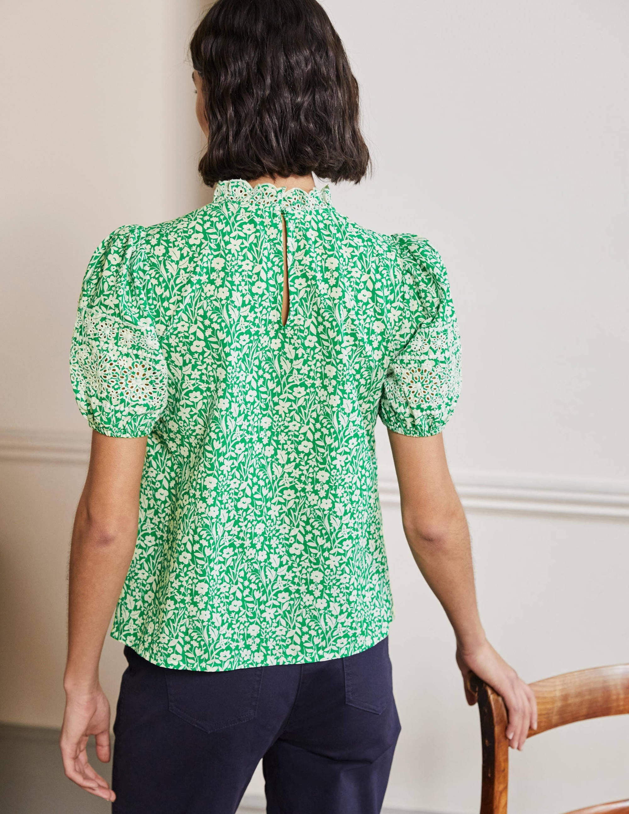 Printed Broderie Top-Rich Emerald, Wildflower - Image 3