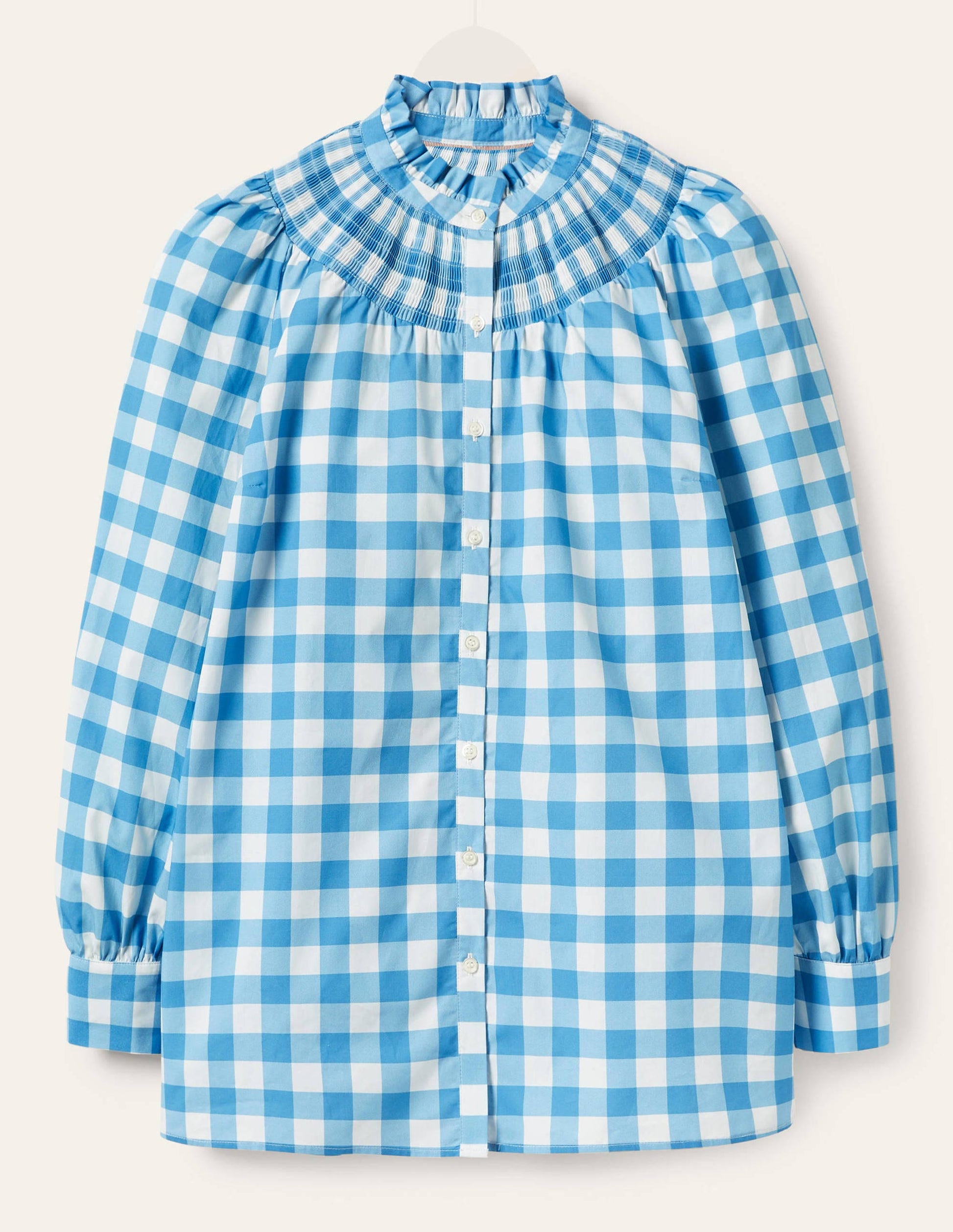 Smocked High Neck Shirt-Dusty Blue and Ivory Gingham-6