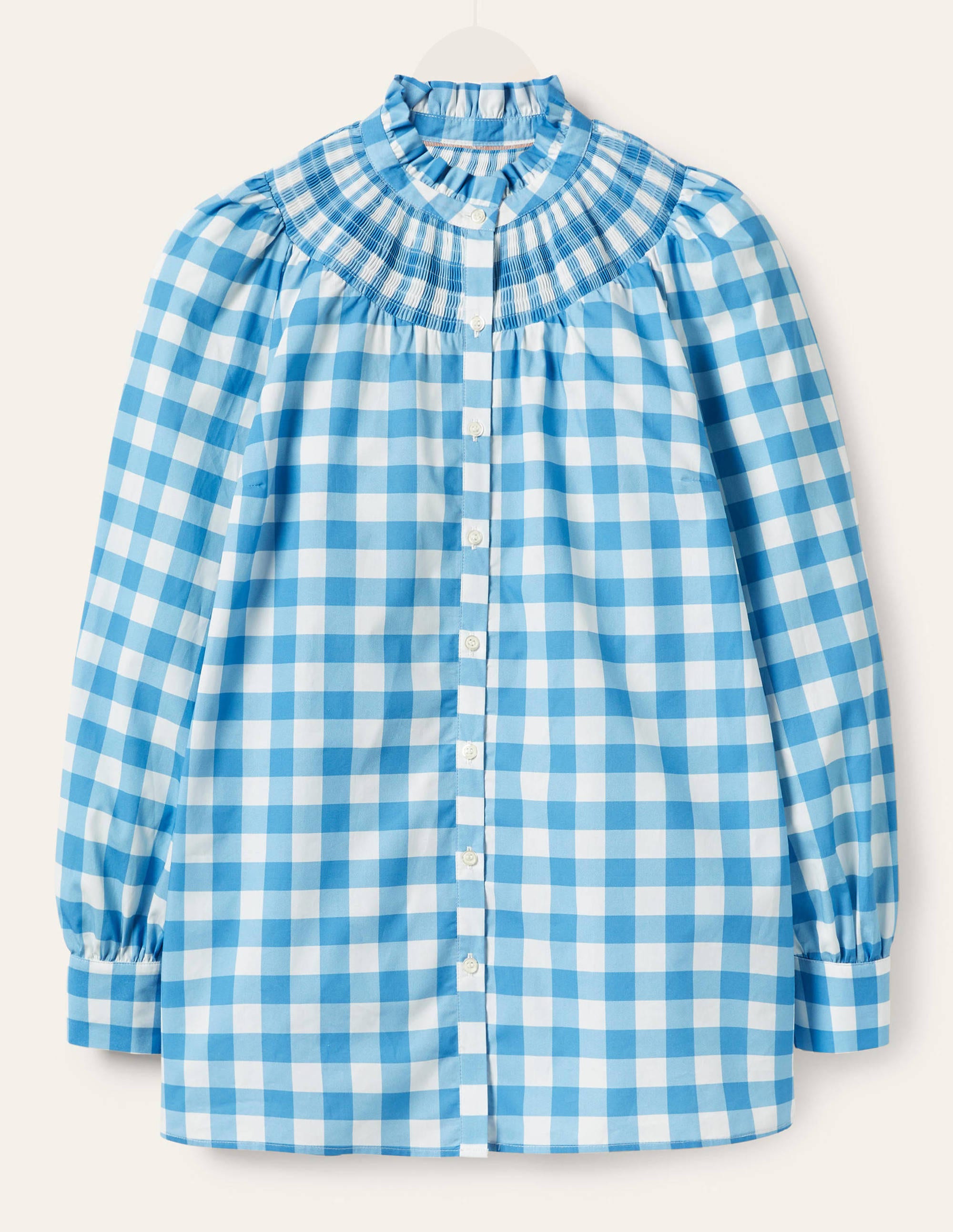 Smocked High Neck Shirt-Dusty Blue and Ivory Gingham - Image 6