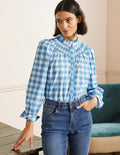 Smocked High Neck Shirt-Dusty Blue and Ivory Gingham