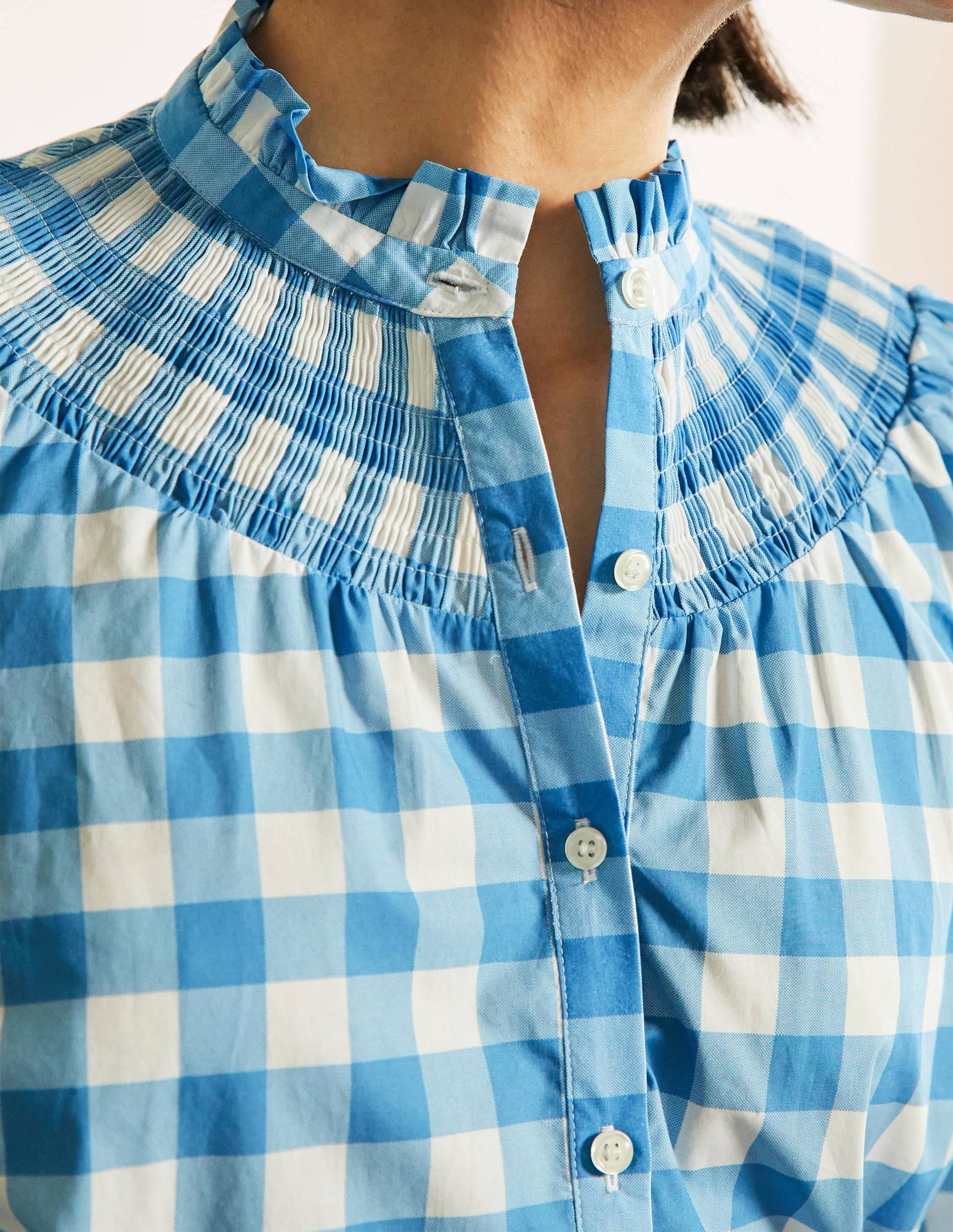 Smocked High Neck Shirt-Dusty Blue and Ivory Gingham-2