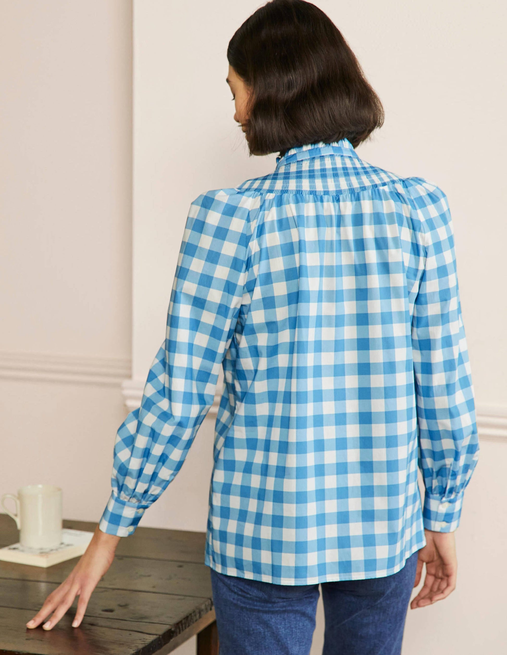 Smocked High Neck Shirt-Dusty Blue and Ivory Gingham-3
