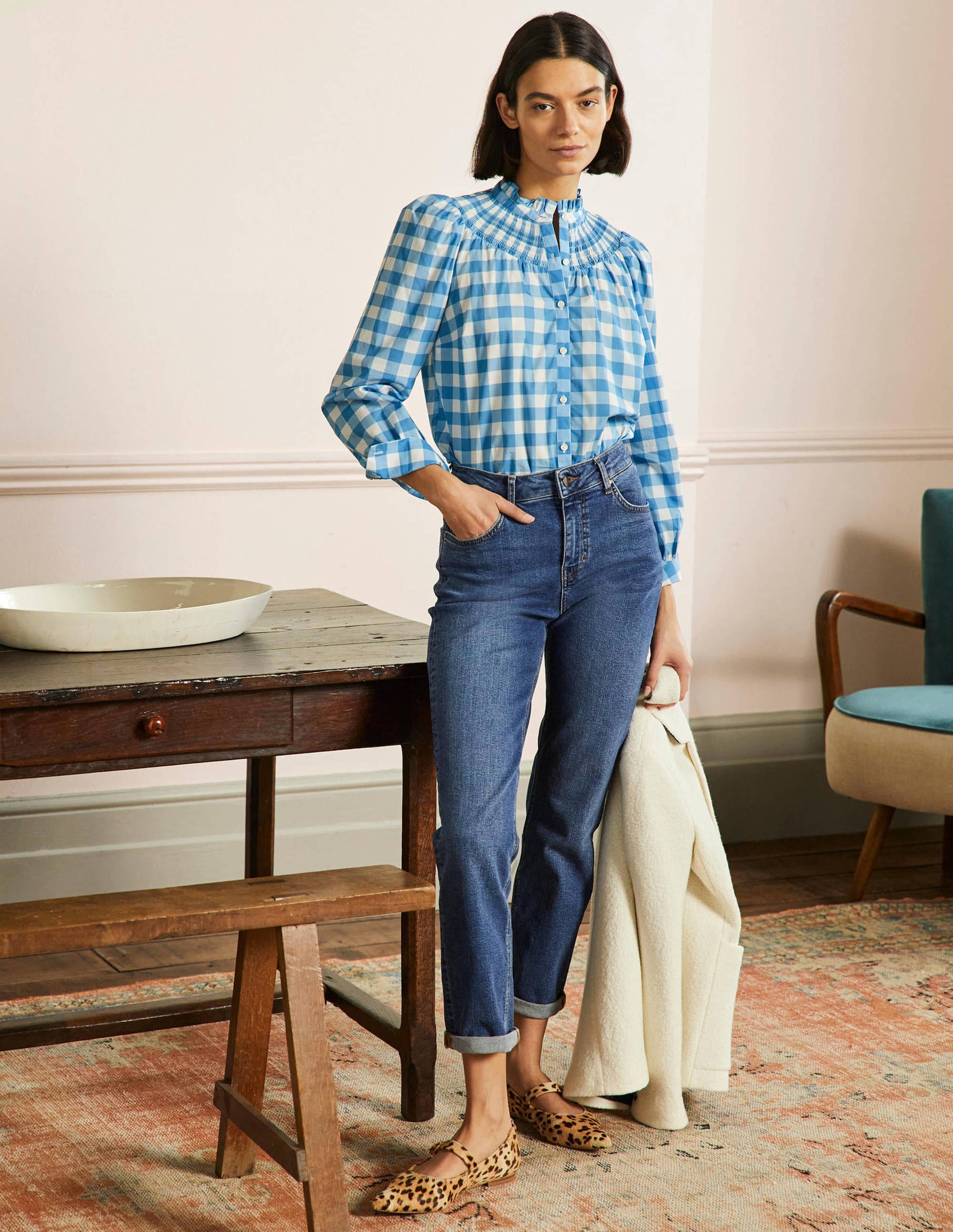Smocked High Neck Shirt-Dusty Blue and Ivory Gingham-4