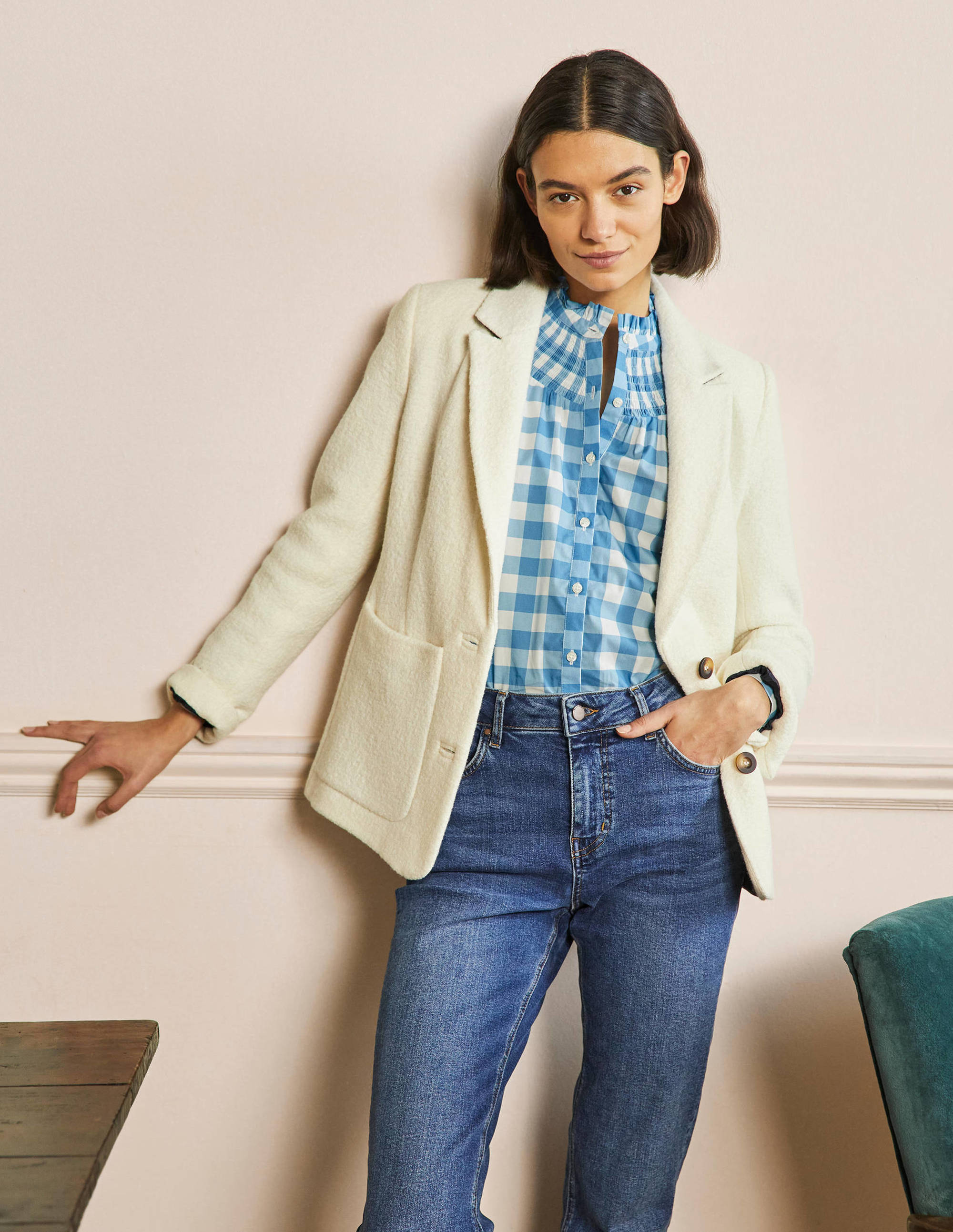 Smocked High Neck Shirt-Dusty Blue and Ivory Gingham - Image 5