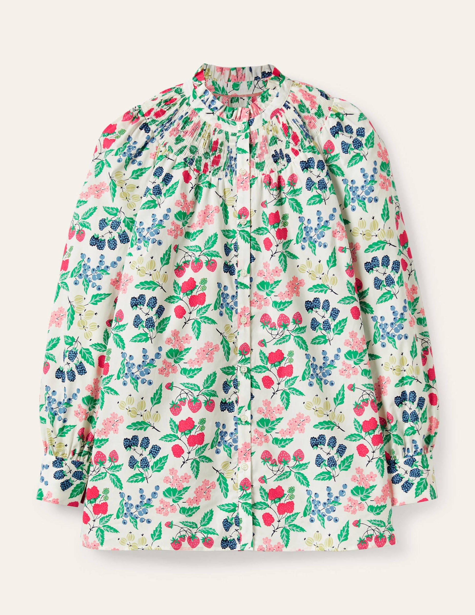 Smocked High Neck Shirt-Ivory, Fruit Vine-5