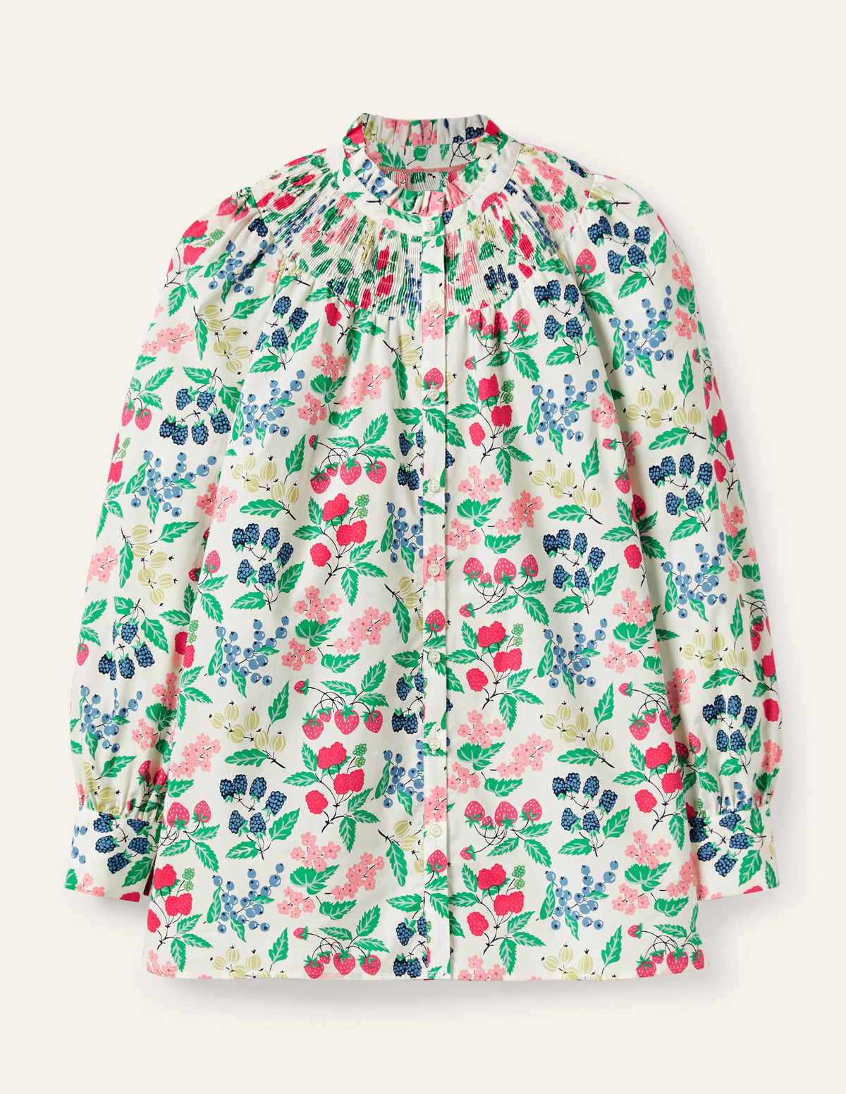 Smocked High Neck Shirt-Ivory, Fruit Vine - Image 5