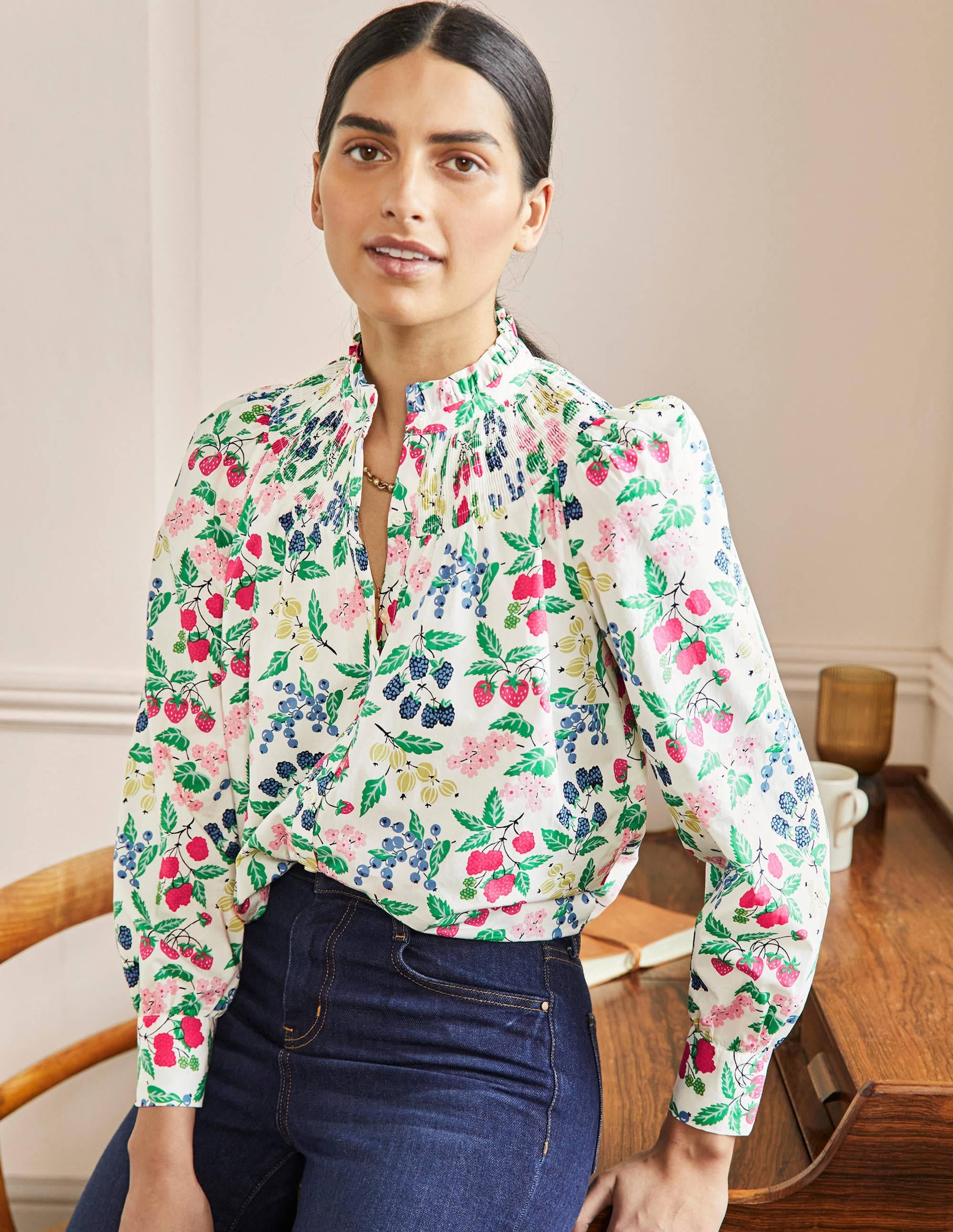 Smocked High Neck Shirt-Ivory, Fruit Vine - Image 1