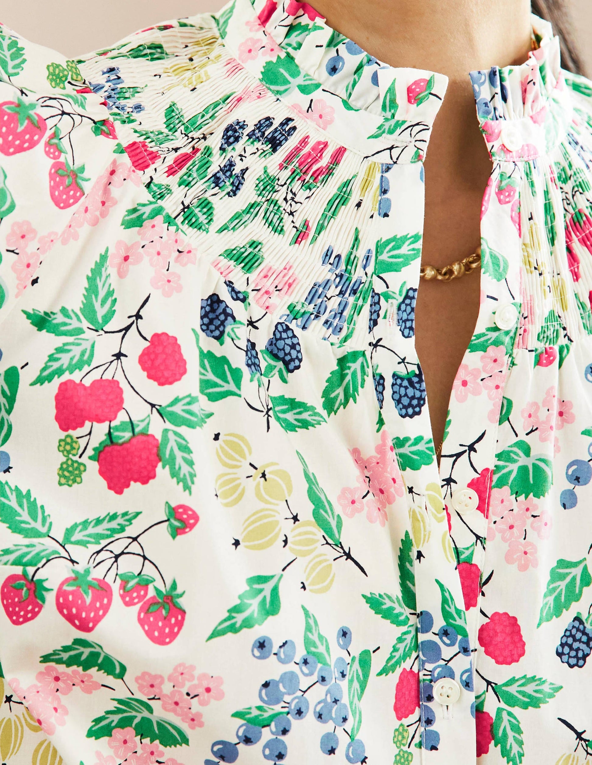 Smocked High Neck Shirt-Ivory, Fruit Vine-2