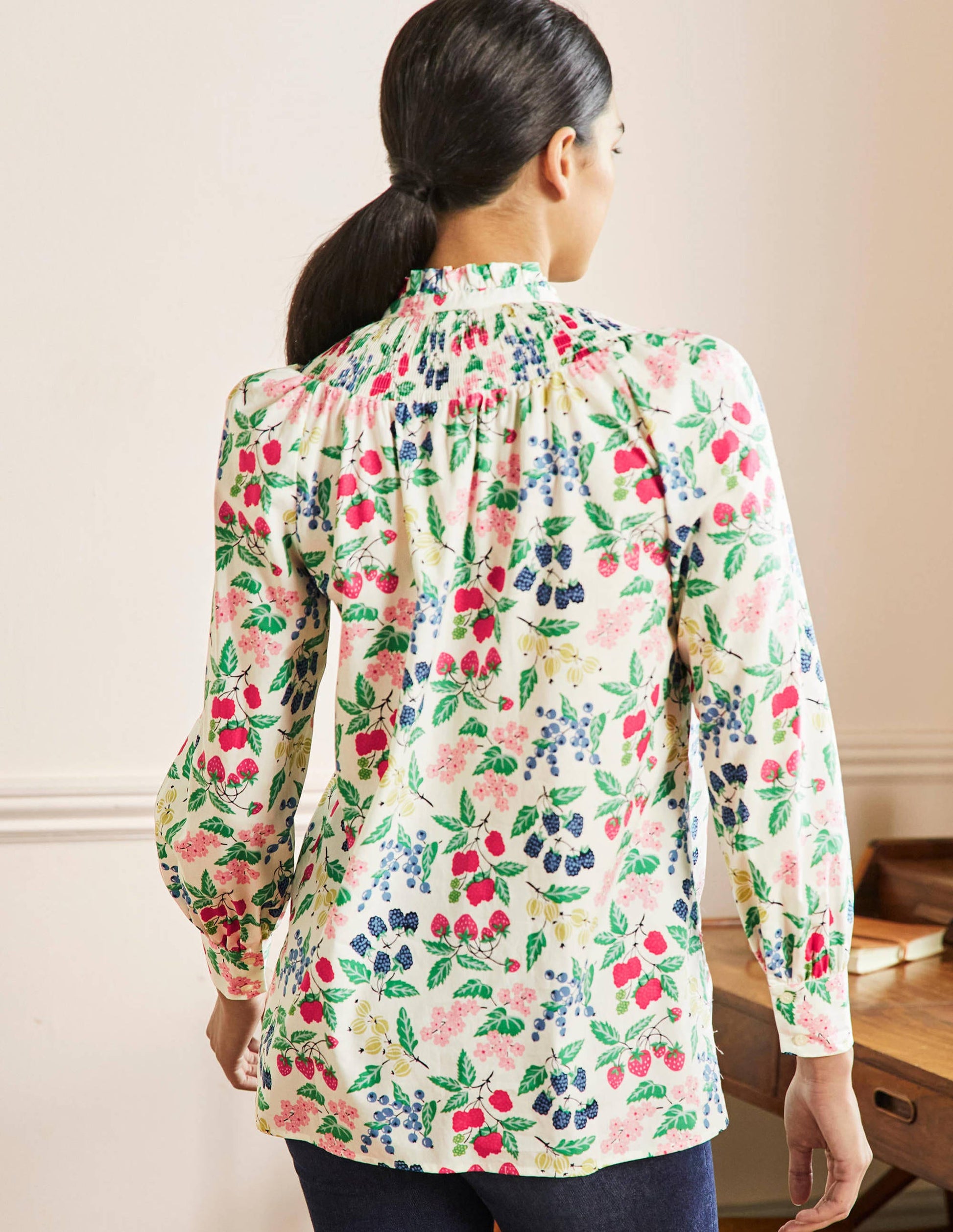Smocked High Neck Shirt-Ivory, Fruit Vine-3