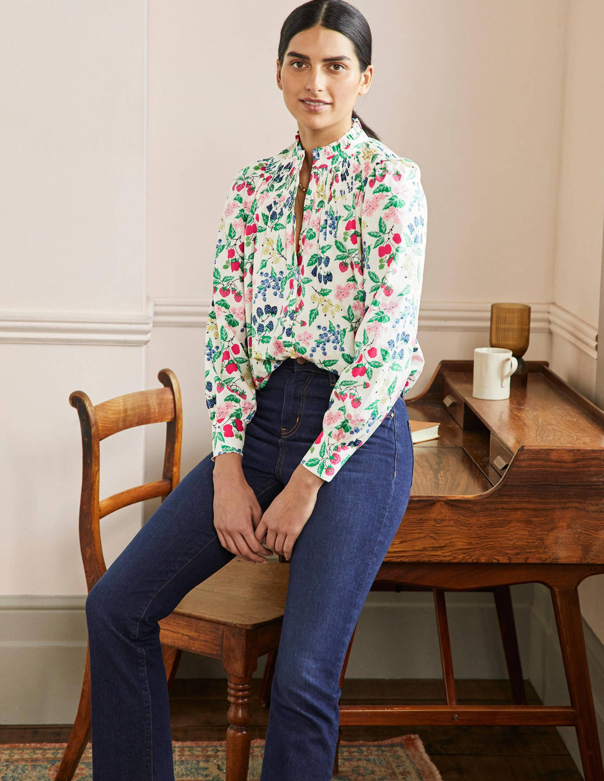 Smocked High Neck Shirt-Ivory, Fruit Vine-4