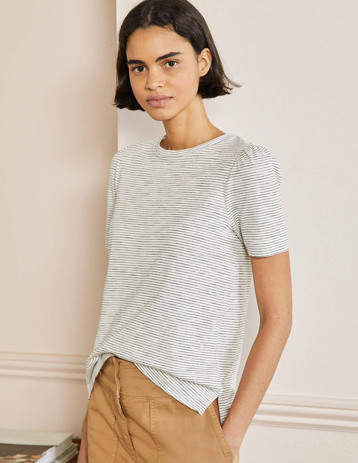 Puff Sleeve Cotton T-Shirt-Ivory / Navy Stripe - Image 1