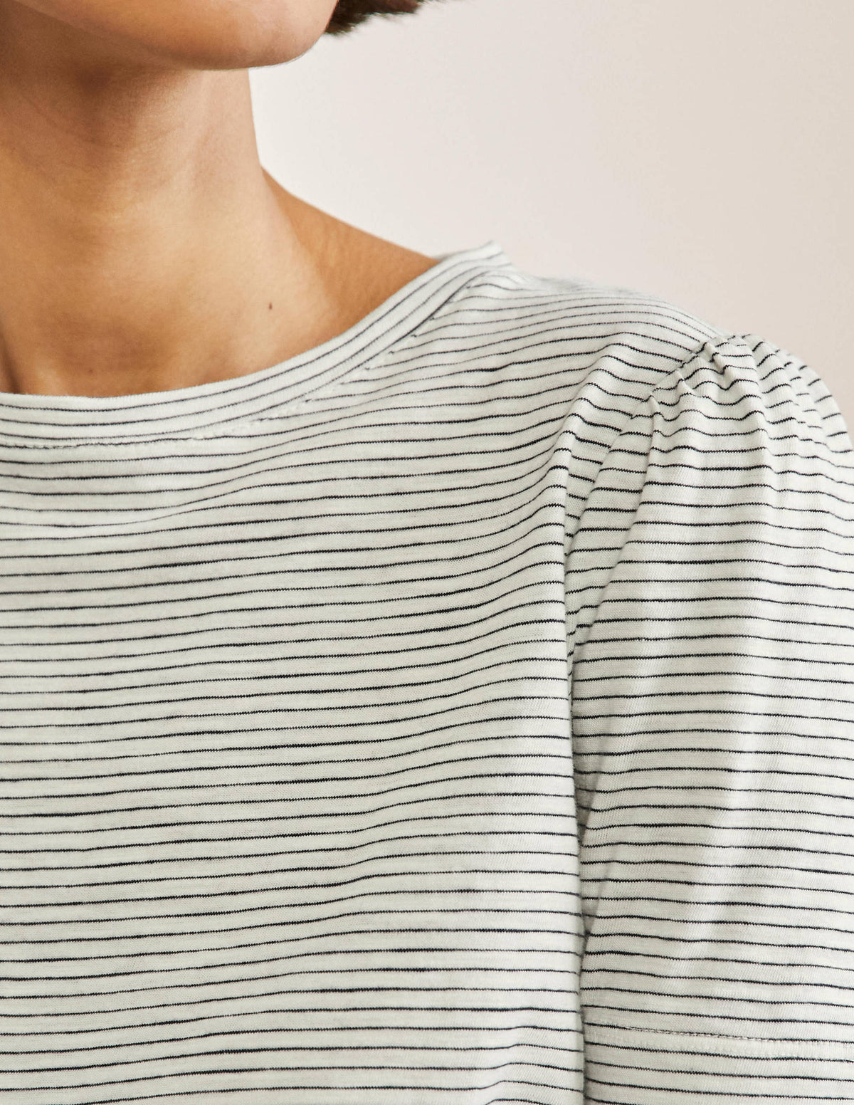 Puff Sleeve Cotton T-Shirt-Ivory / Navy Stripe-2