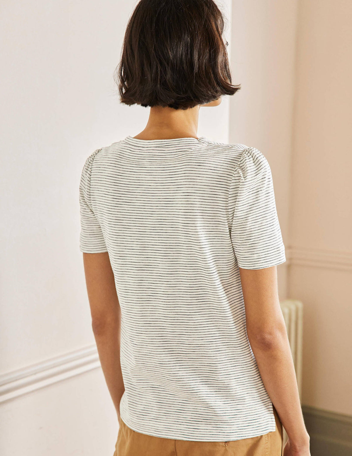 Puff Sleeve Cotton T-Shirt-Ivory / Navy Stripe - Image 3