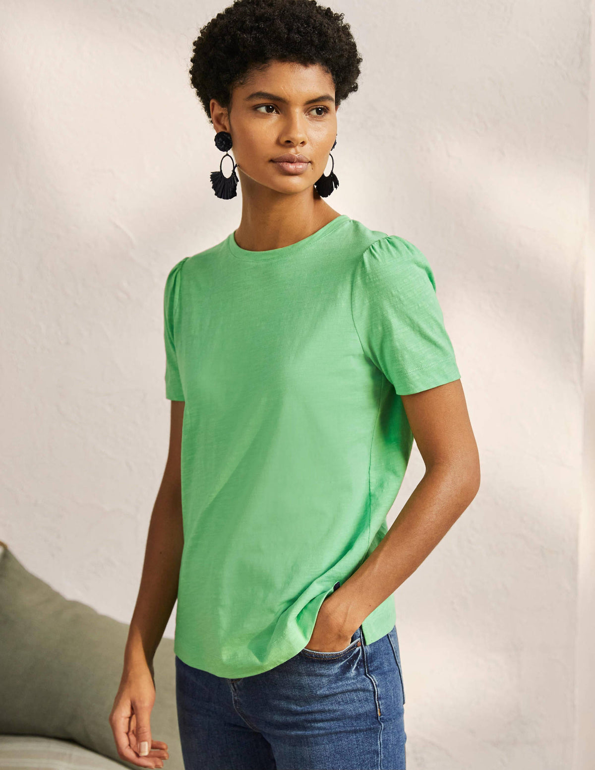 Puff Sleeve Cotton T-Shirt-Zephyr Green - Image 4