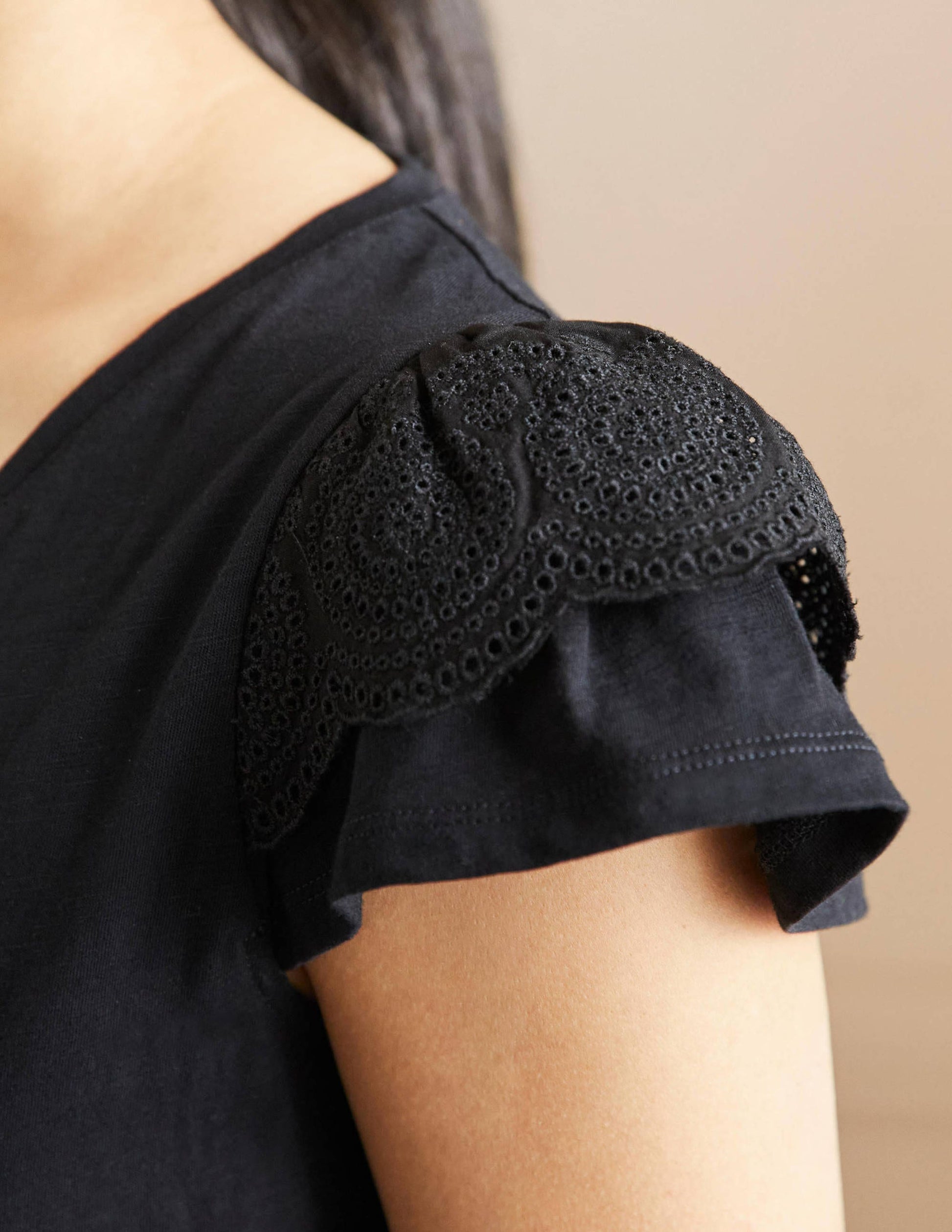 Broderie Cotton V-Neck T-Shirt-Black-2