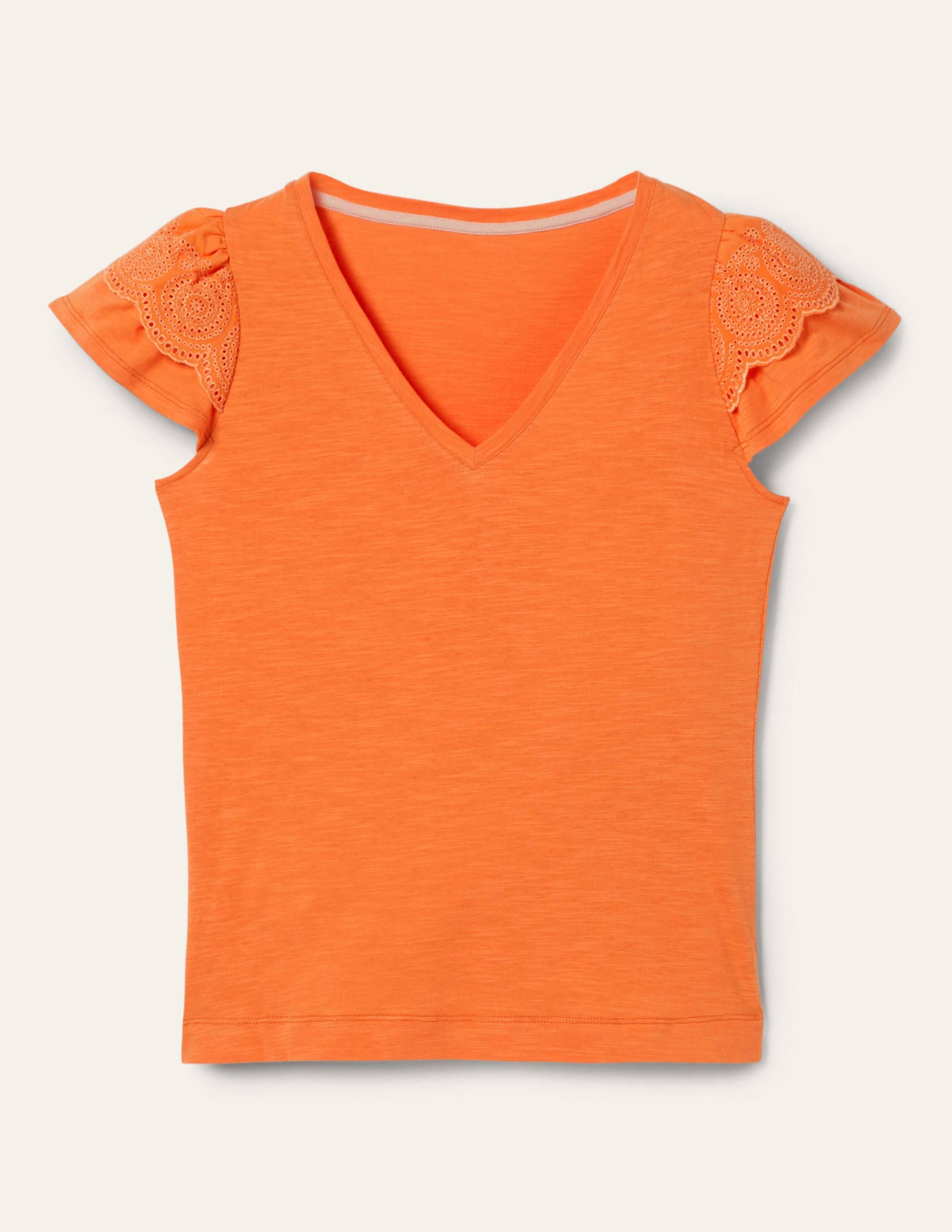 Broderie Cotton V-Neck T-Shirt-Dusty Orange-5