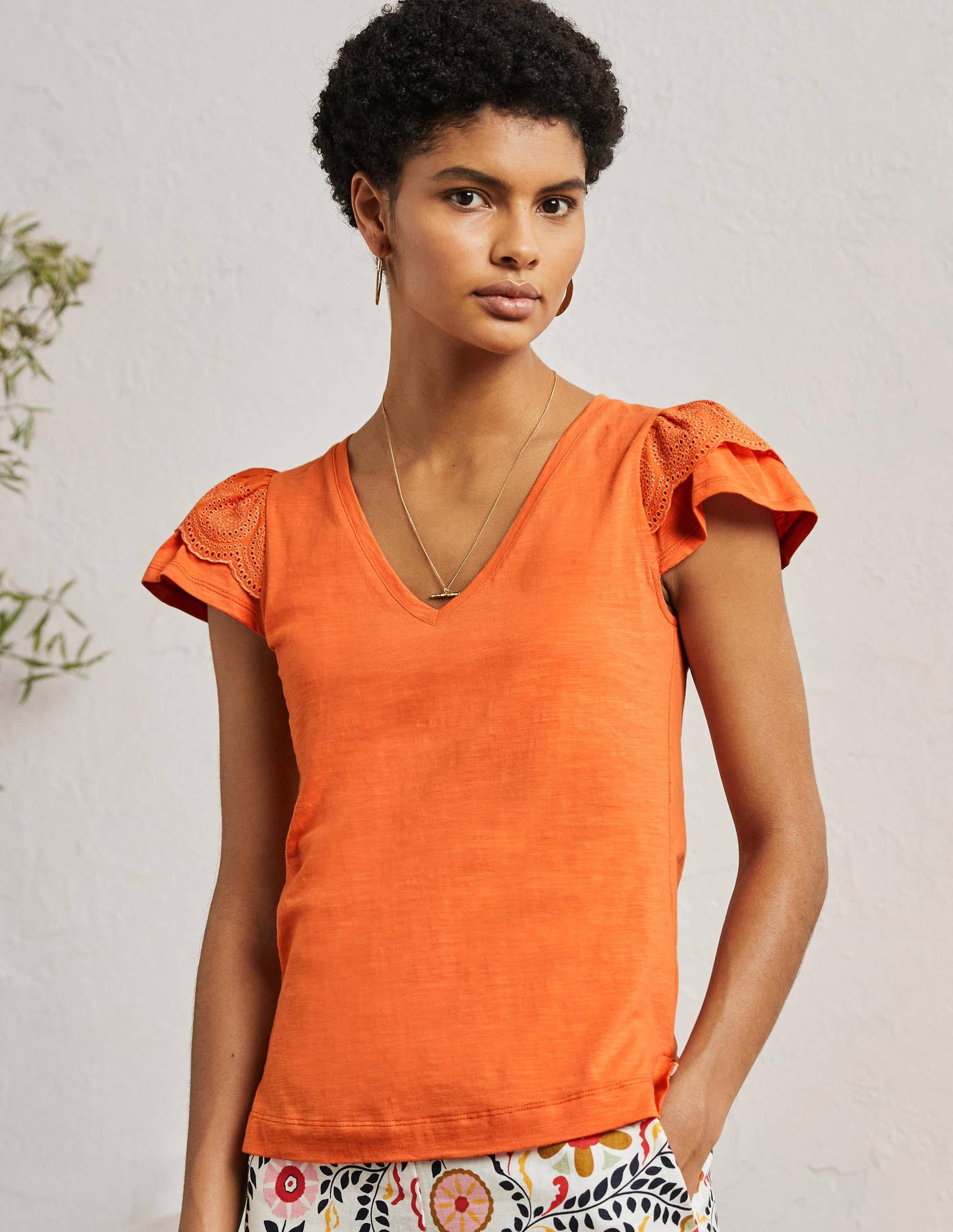 Broderie Cotton V-Neck T-Shirt-Dusty Orange-1