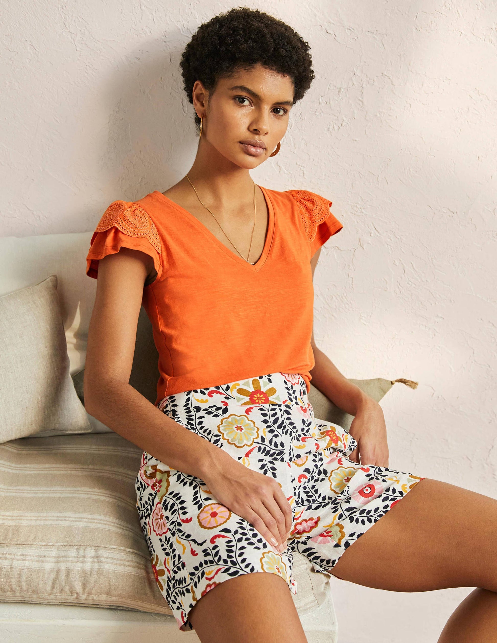 Broderie Cotton V-Neck T-Shirt-Dusty Orange-4