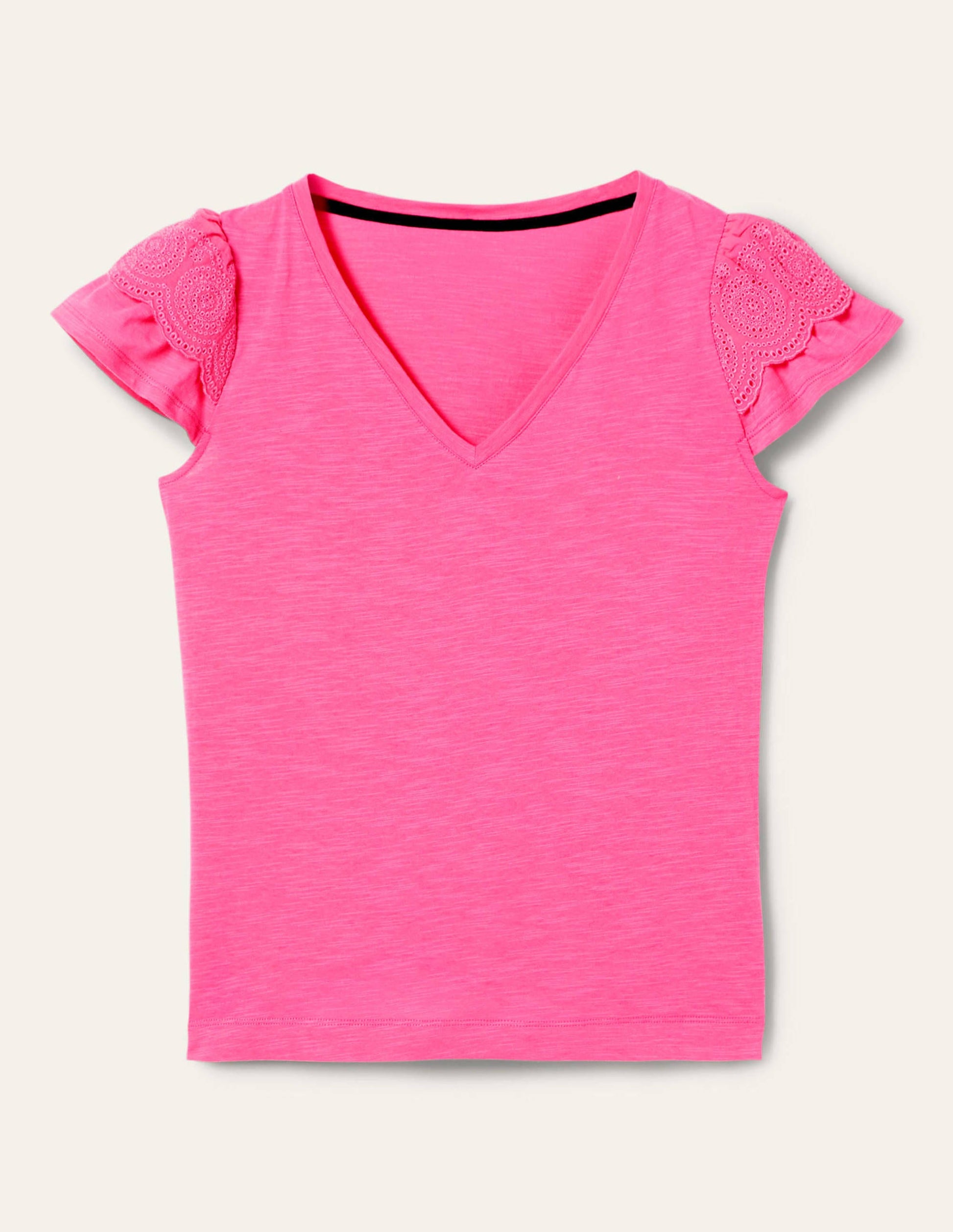 Broderie Cotton V-Neck T-Shirt-Festival Pink-5
