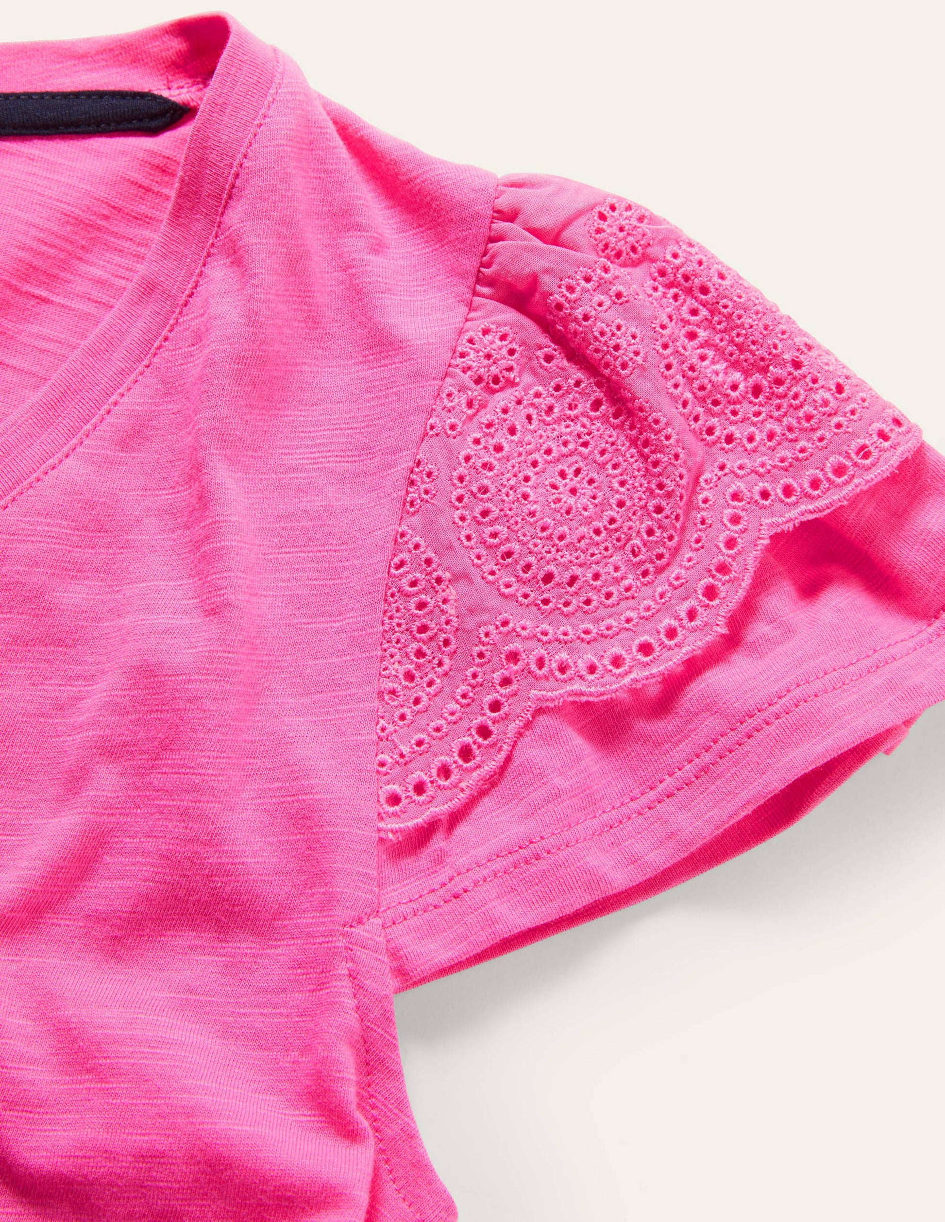 Broderie Cotton V-Neck T-Shirt-Festival Pink-6