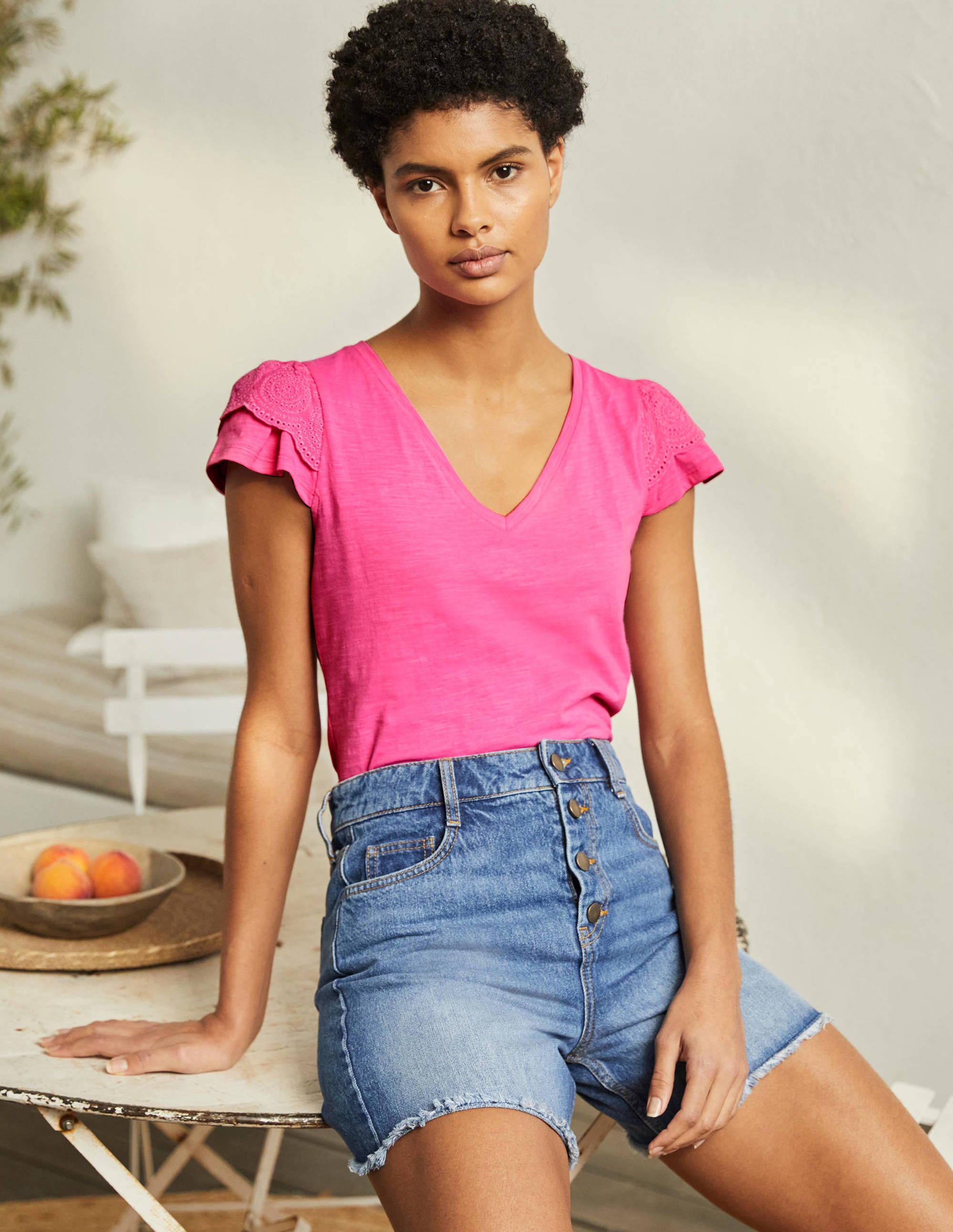 Broderie Cotton V-Neck T-Shirt-Festival Pink - Image 4