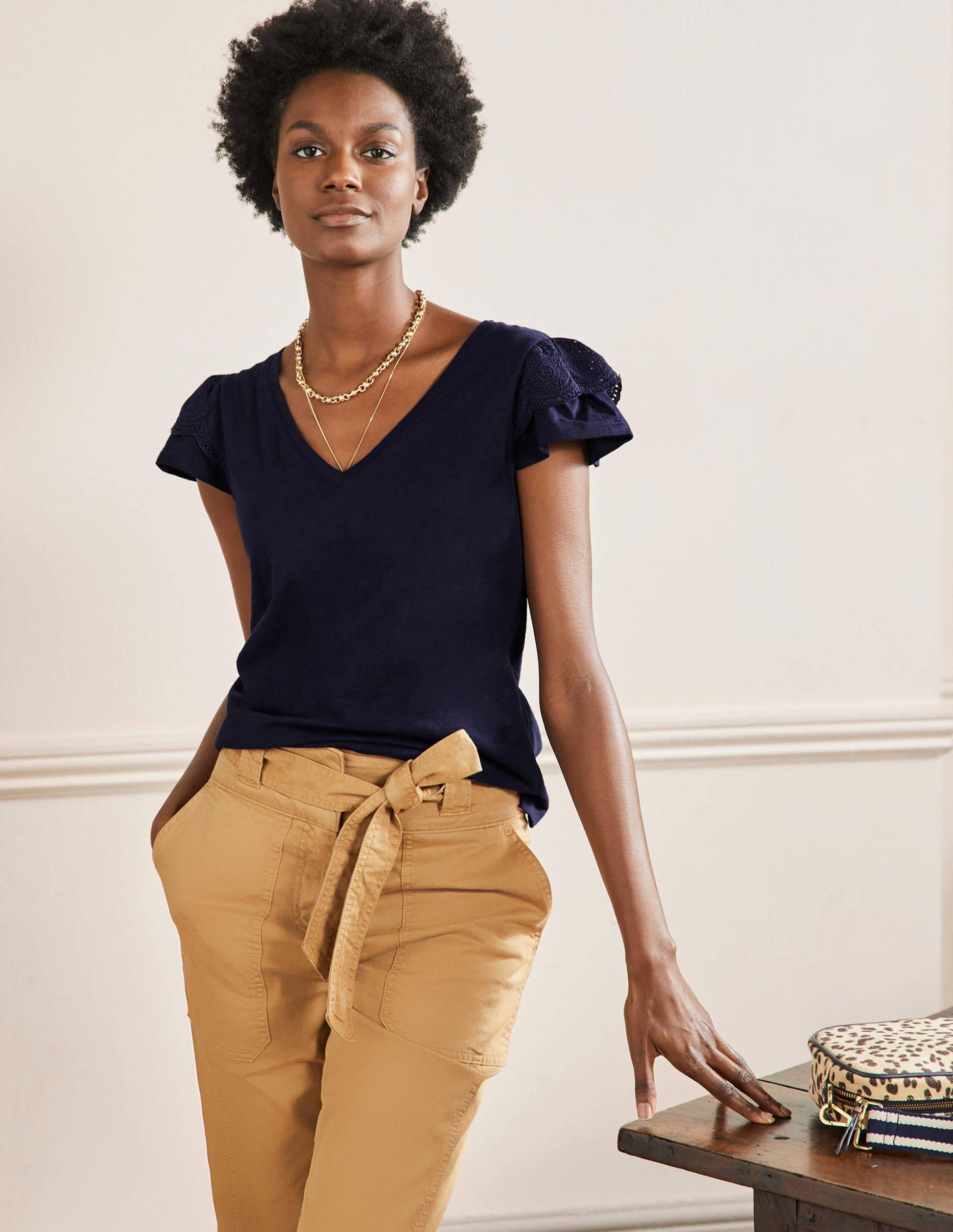 Broderie Cotton V-Neck T-Shirt-Navy-1