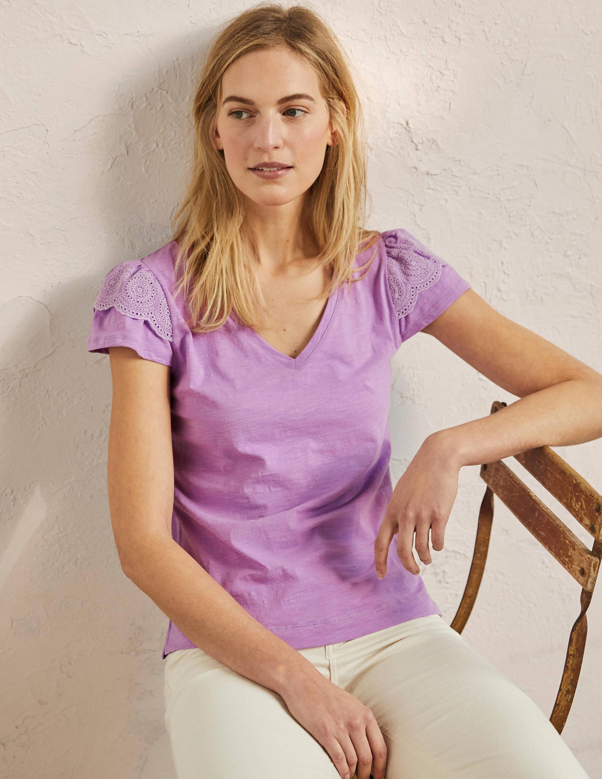 Broderie Cotton V-Neck T-Shirt-African Violet-1