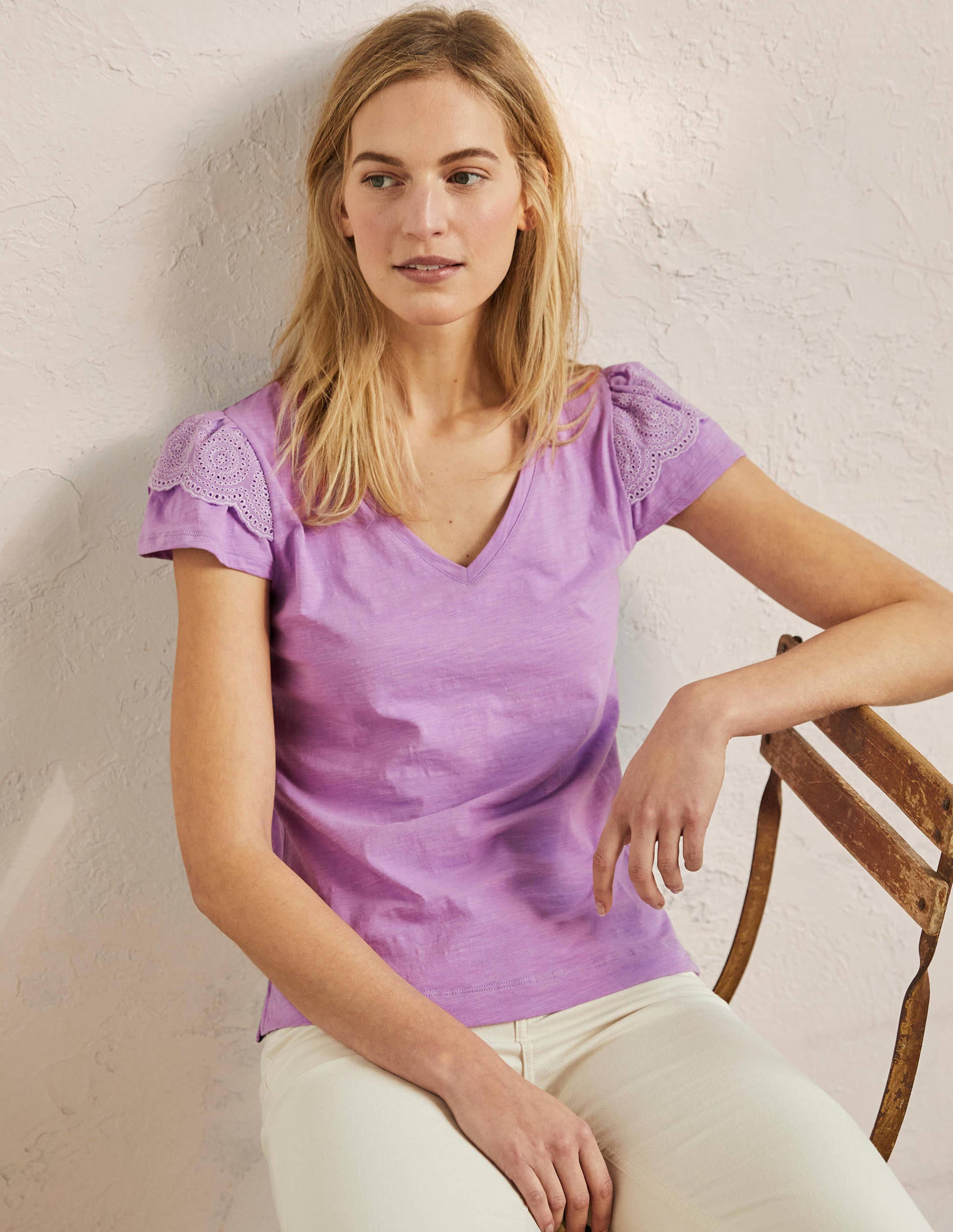 Broderie Cotton V-Neck T-Shirt-African Violet - Image 1