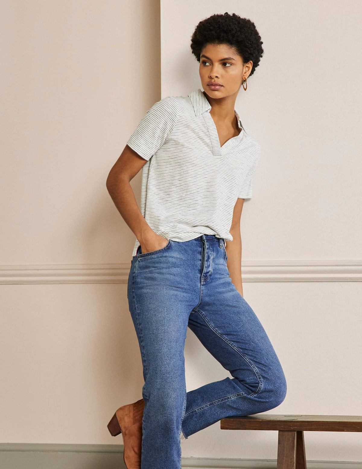 Cotton Polo Top-Ivory / Navy Stripe - Image 4