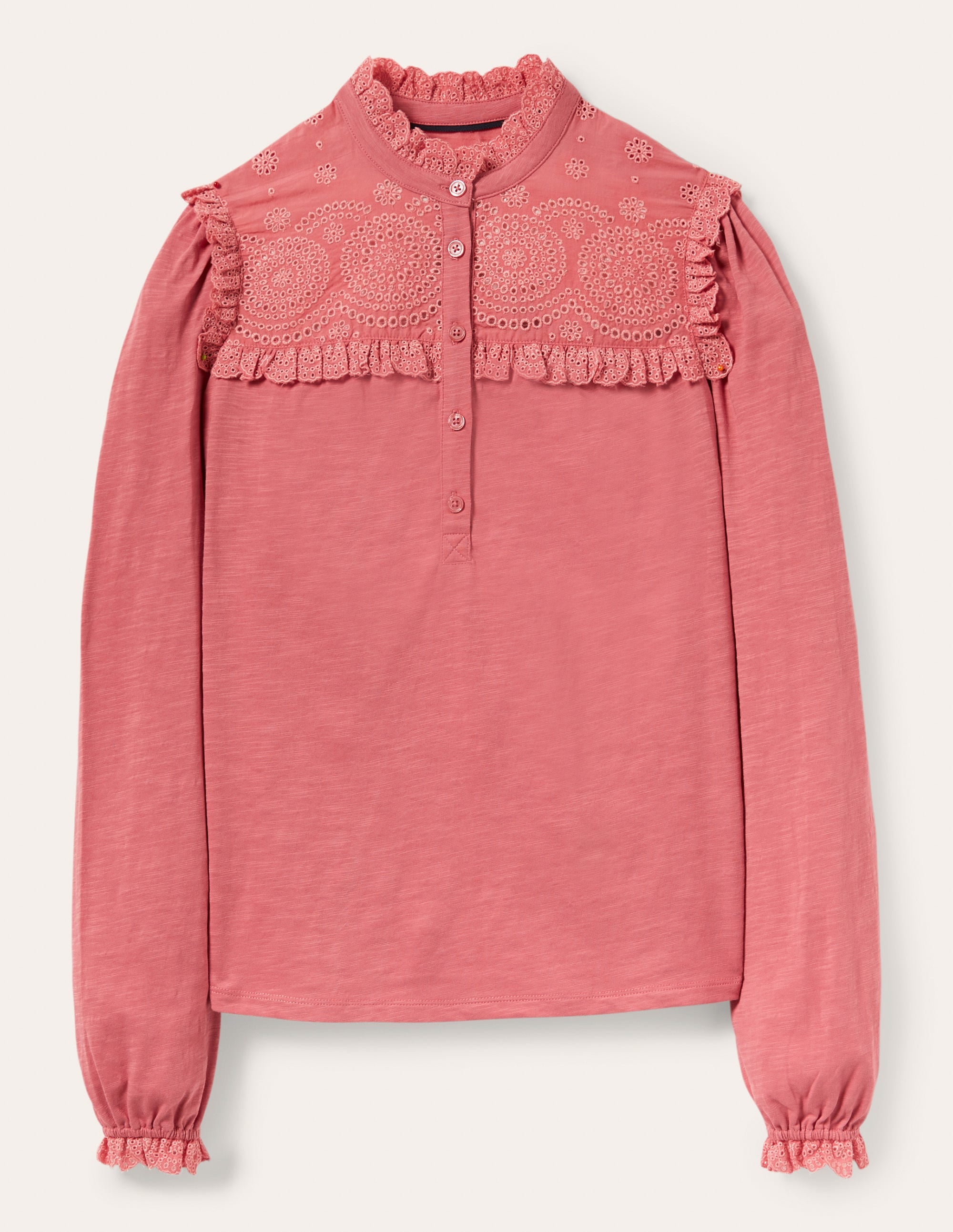 Broderie Yoke Jersey Top-Dusty Red - Image 5