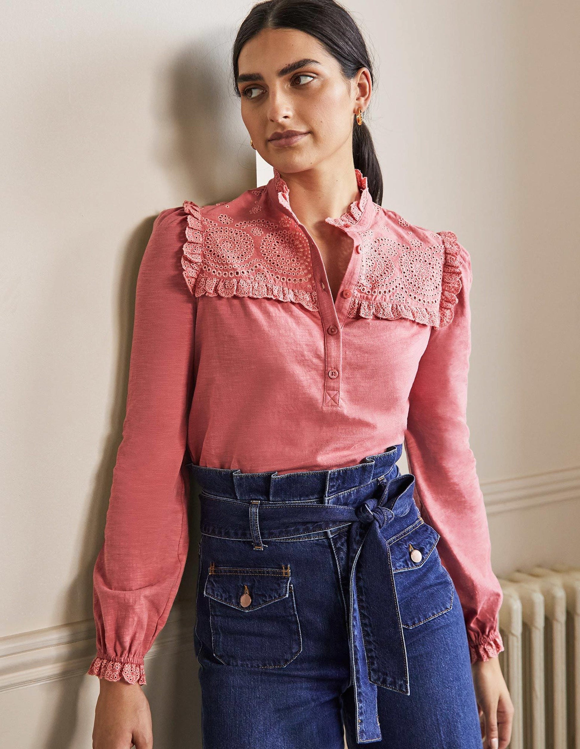 Broderie Yoke Jersey Top-Dusty Red-1