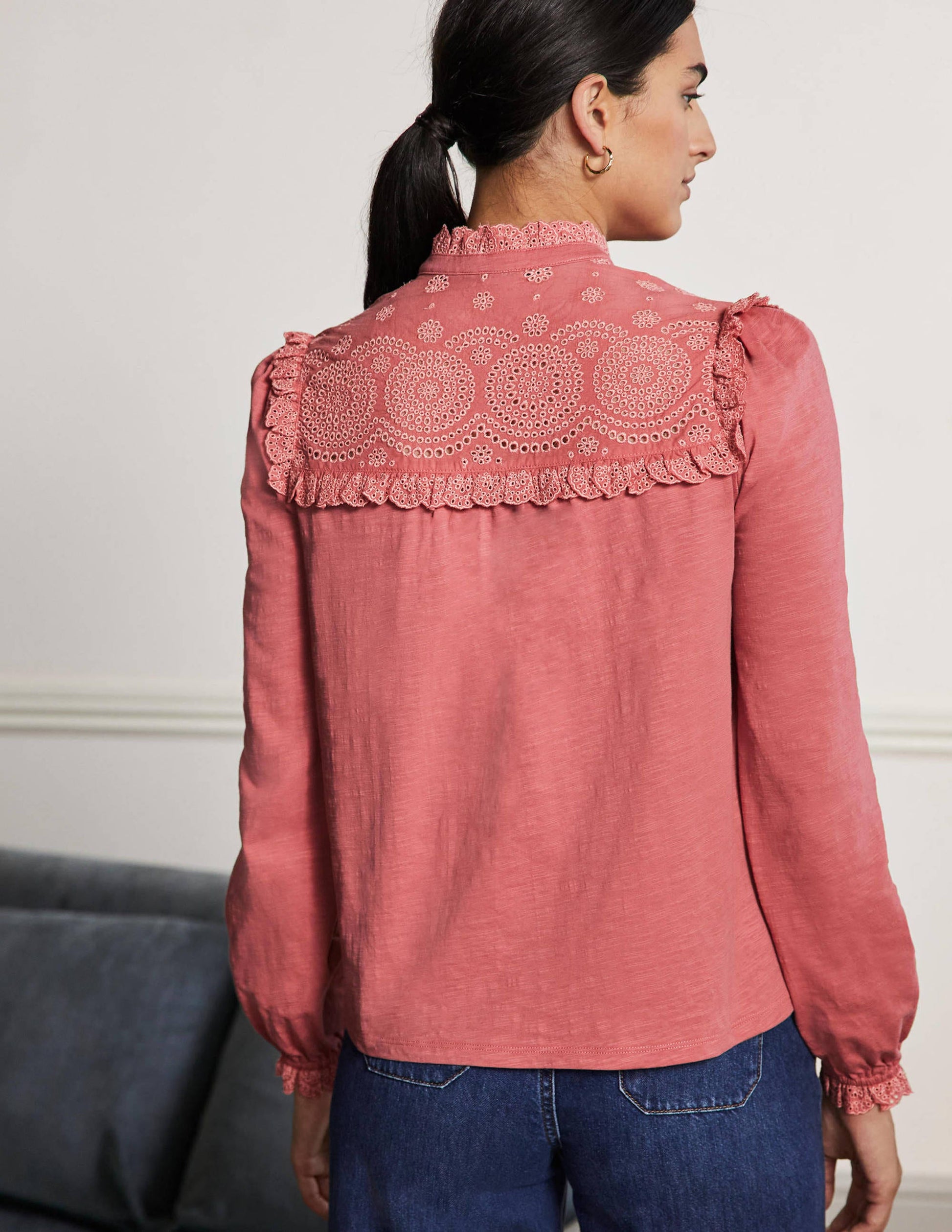 Broderie Yoke Jersey Top-Dusty Red-3