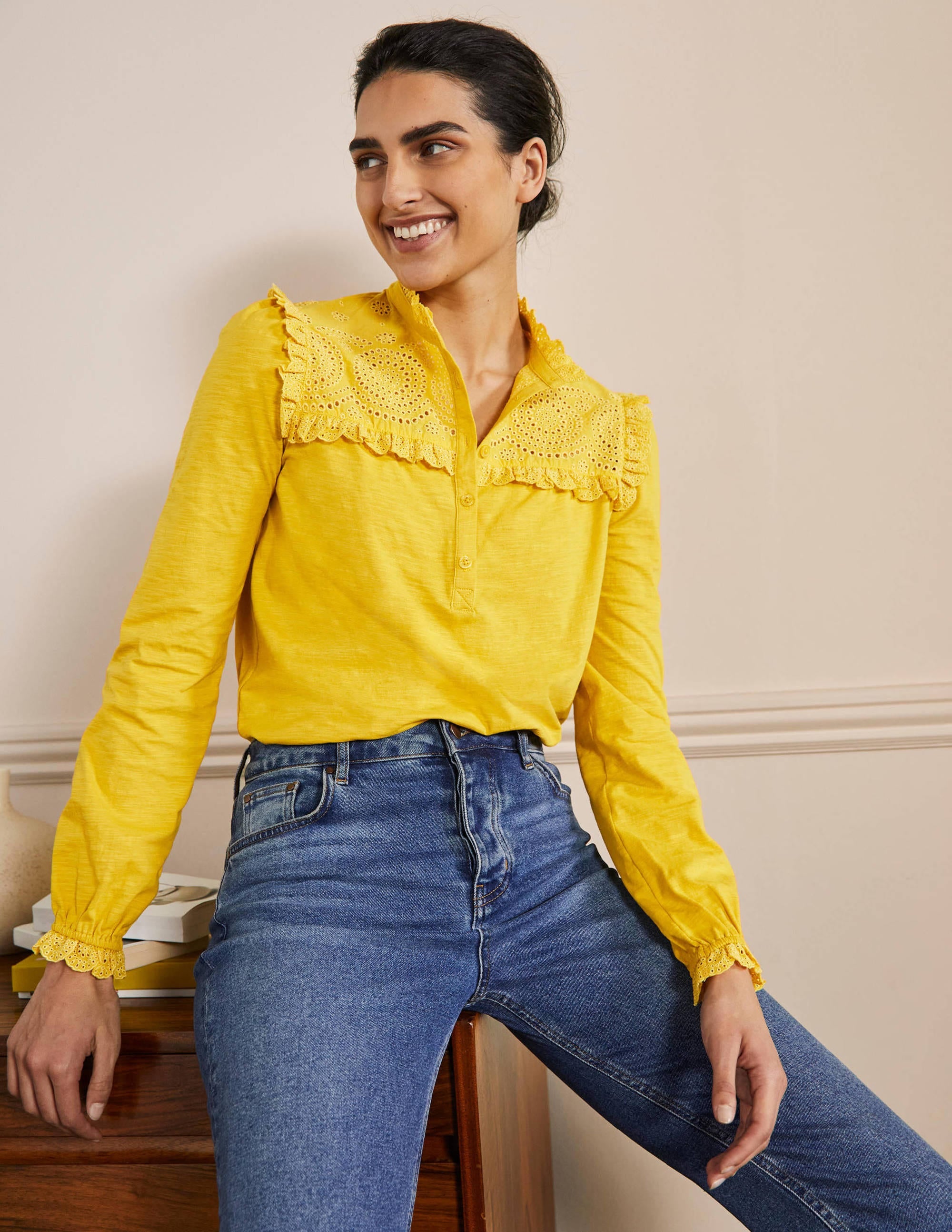 Broderie Yoke Jersey Top-Honeycomb - Image 1
