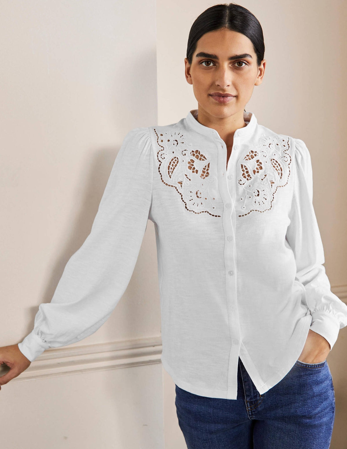 Cut Work Jersey Shirt-White-1
