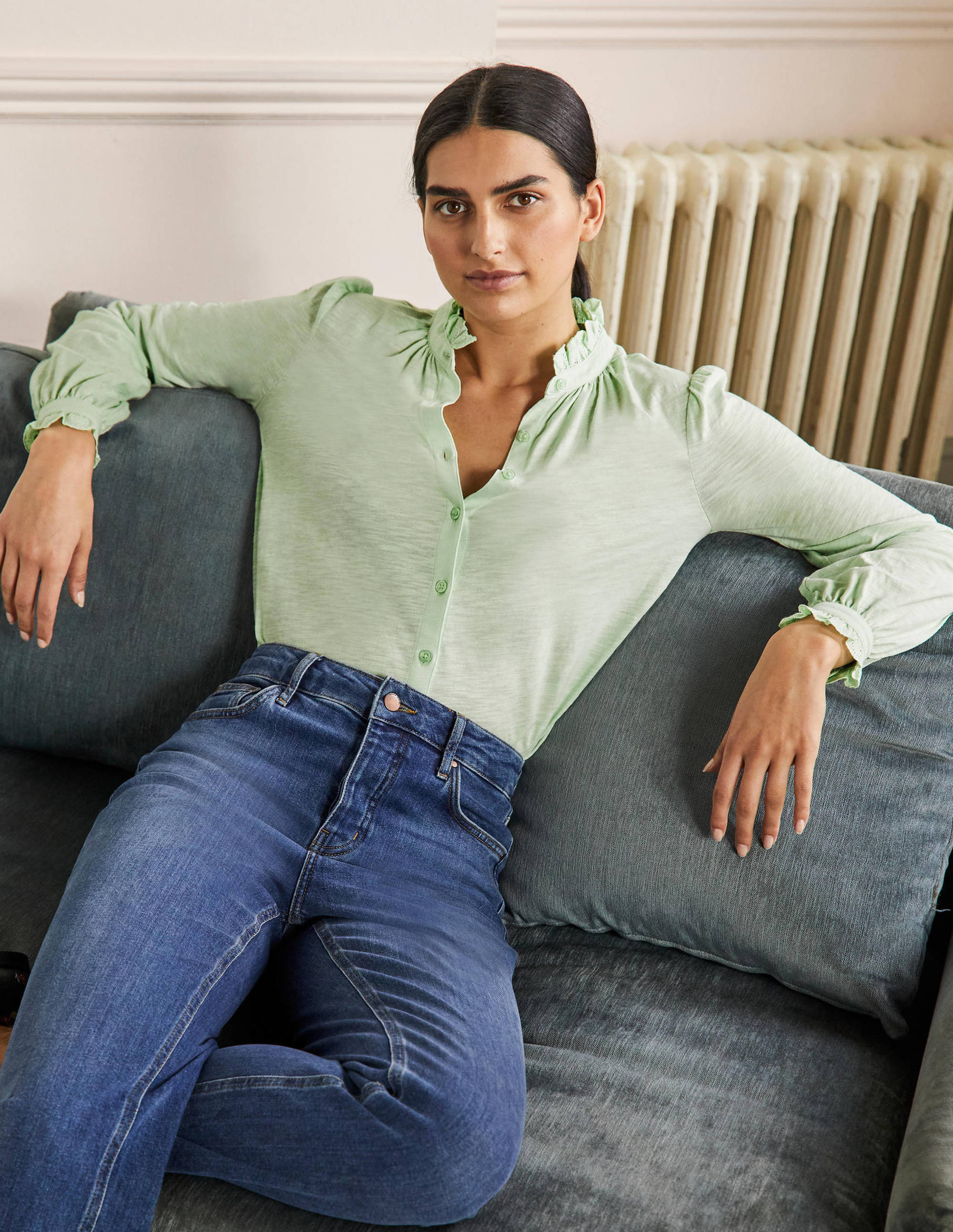 Broderie Trim Jersey Shirt-Avocado Cream - Image 1