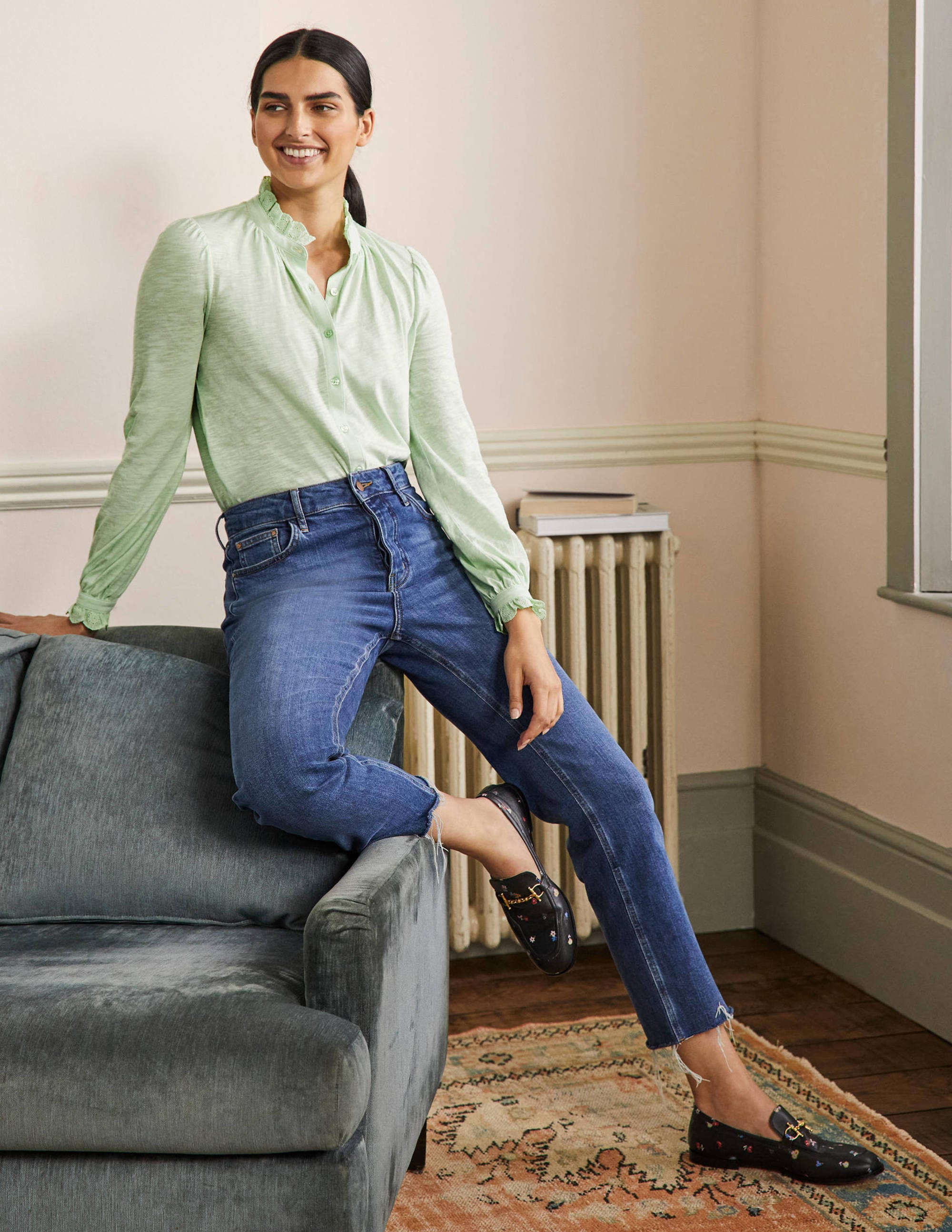 Broderie Trim Jersey Shirt-Avocado Cream - Image 4