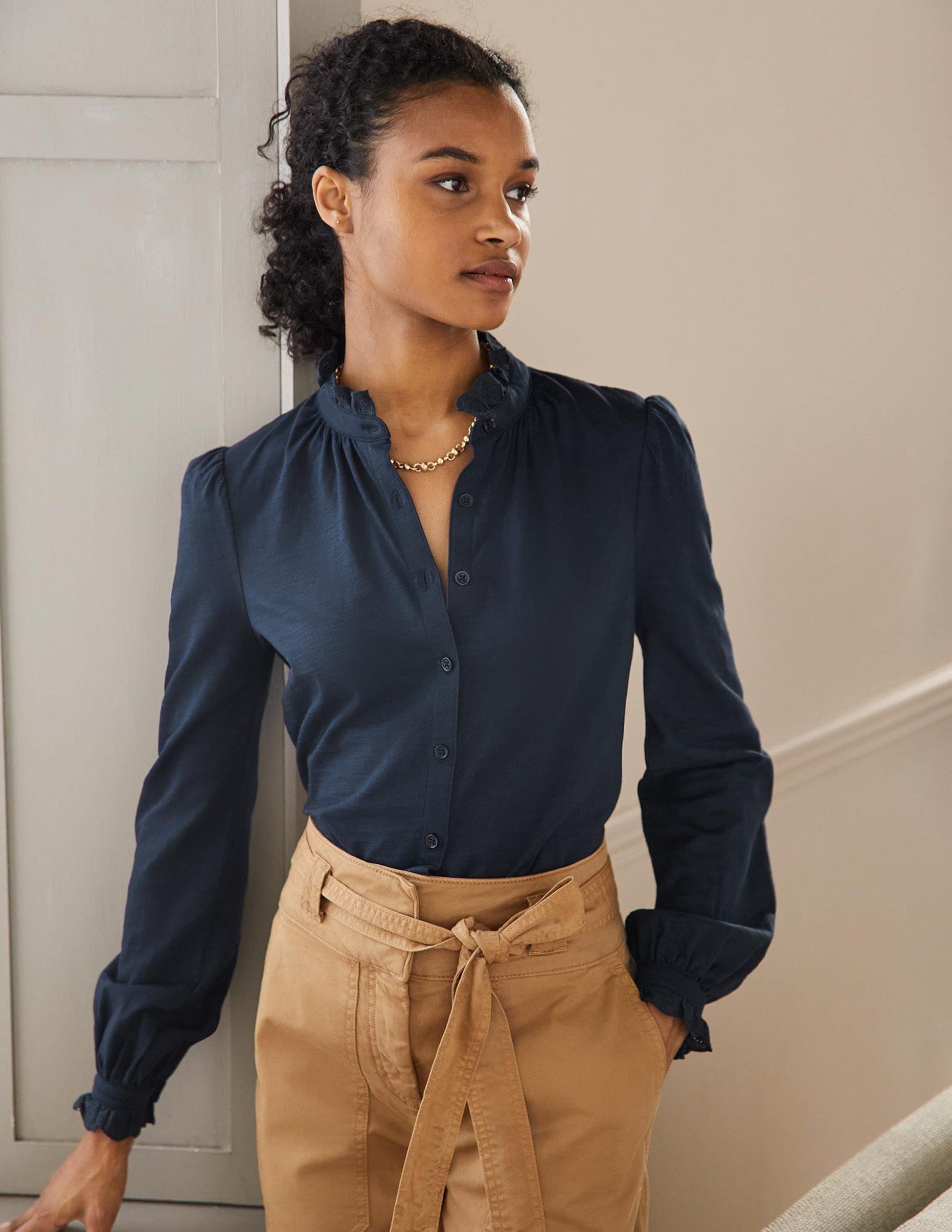 Broderie Trim Jersey Shirt-Navy-1