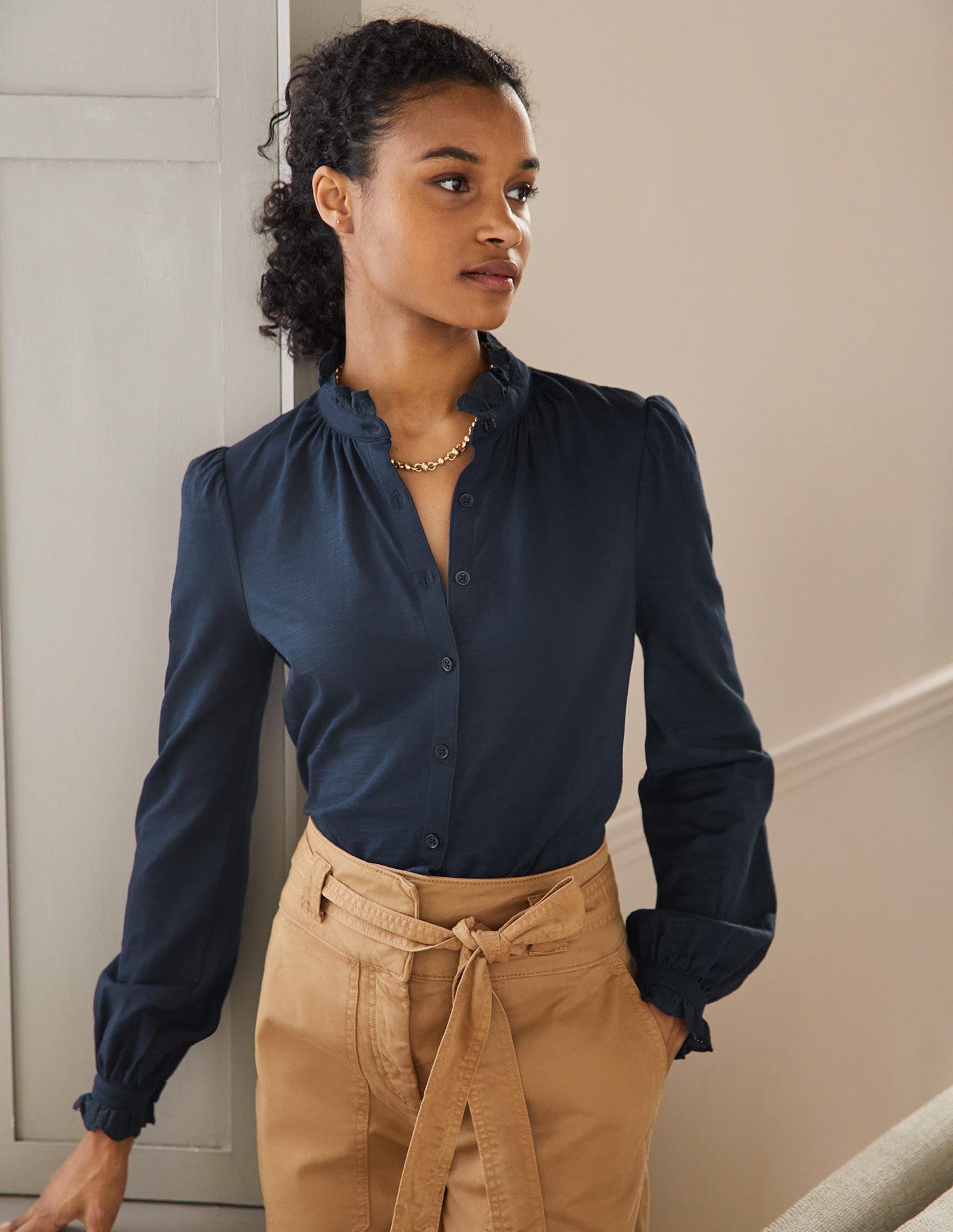 Broderie Trim Jersey Shirt-Navy - Image 1