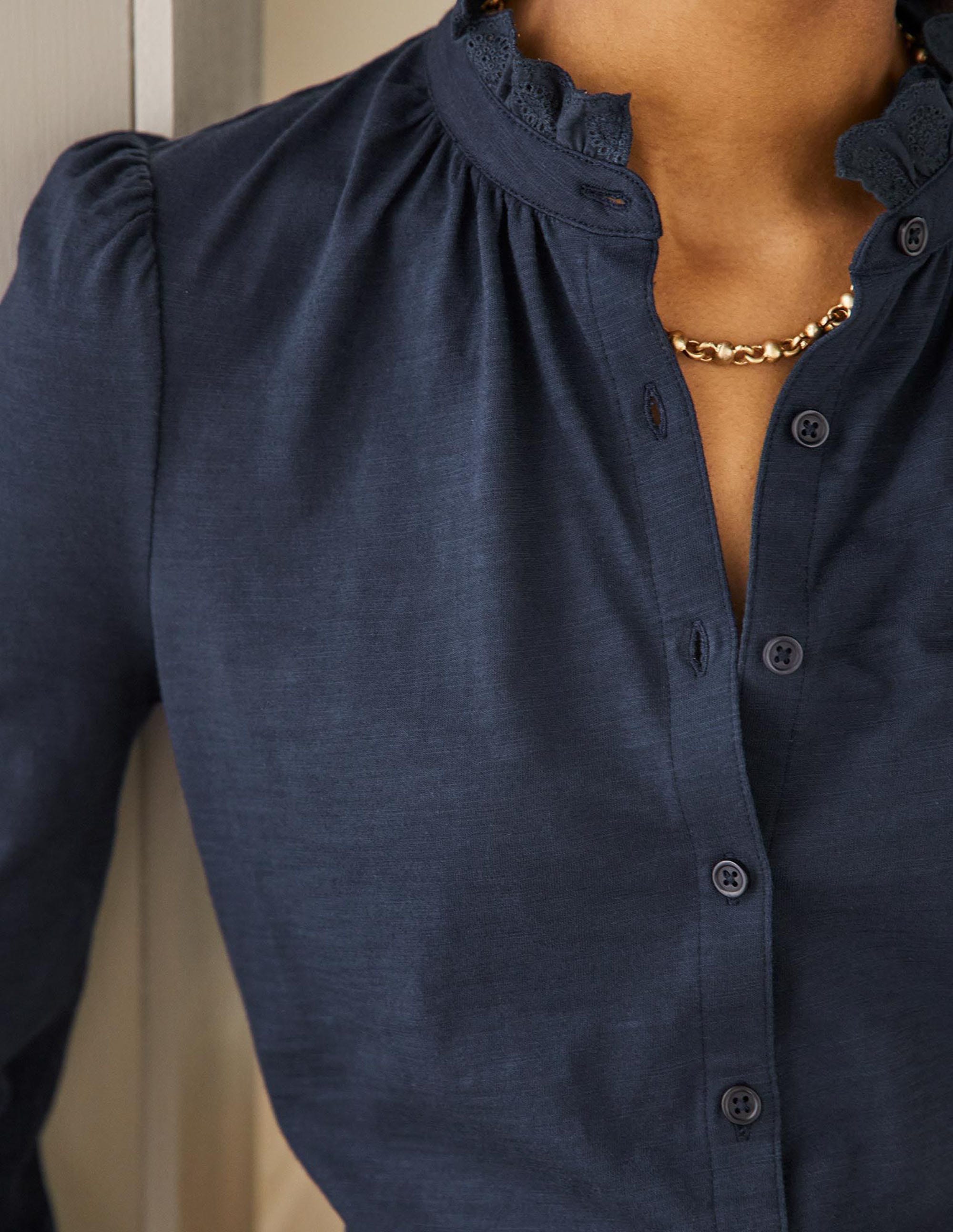 Broderie Trim Jersey Shirt-Navy - Image 2