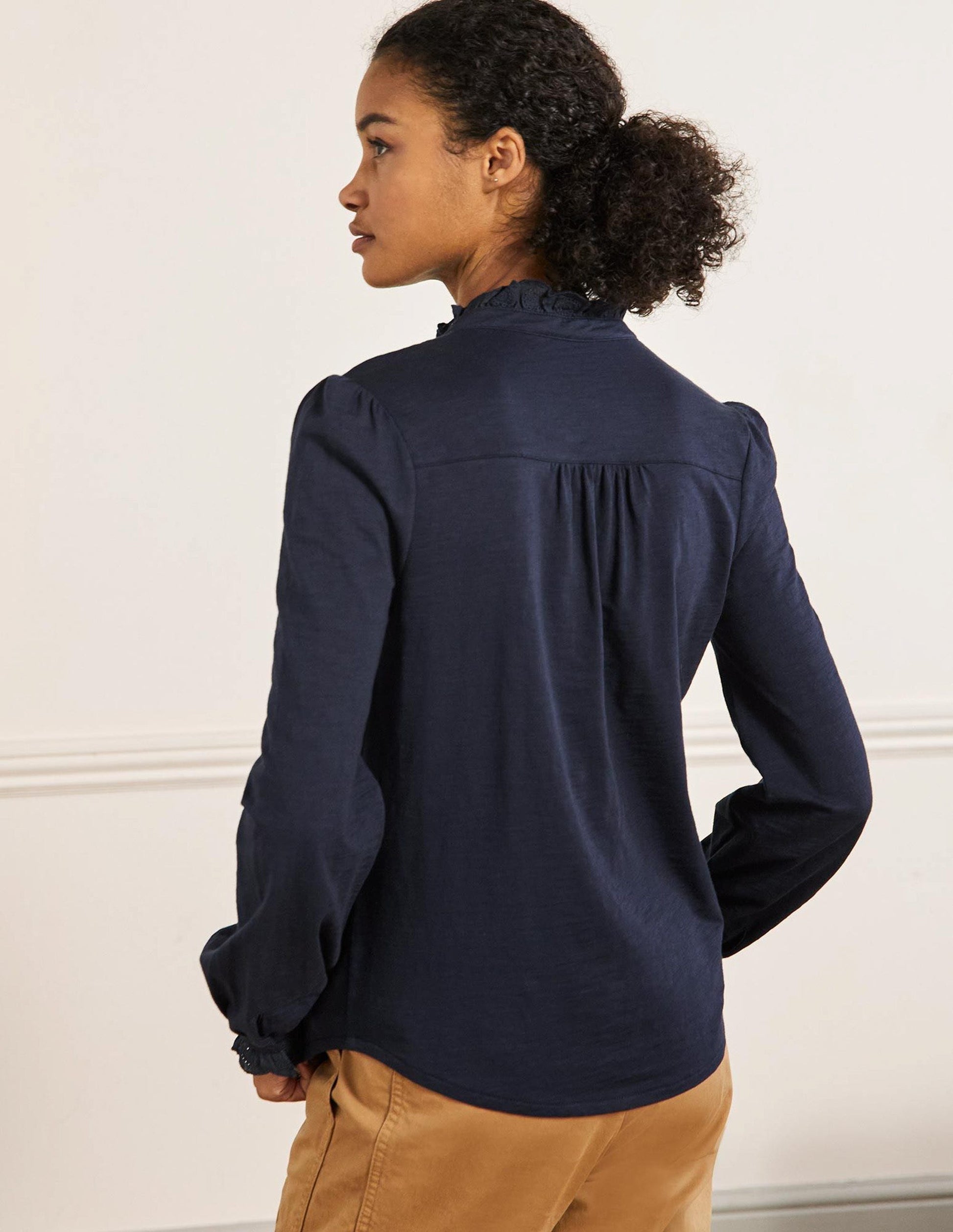 Broderie Trim Jersey Shirt-Navy-3
